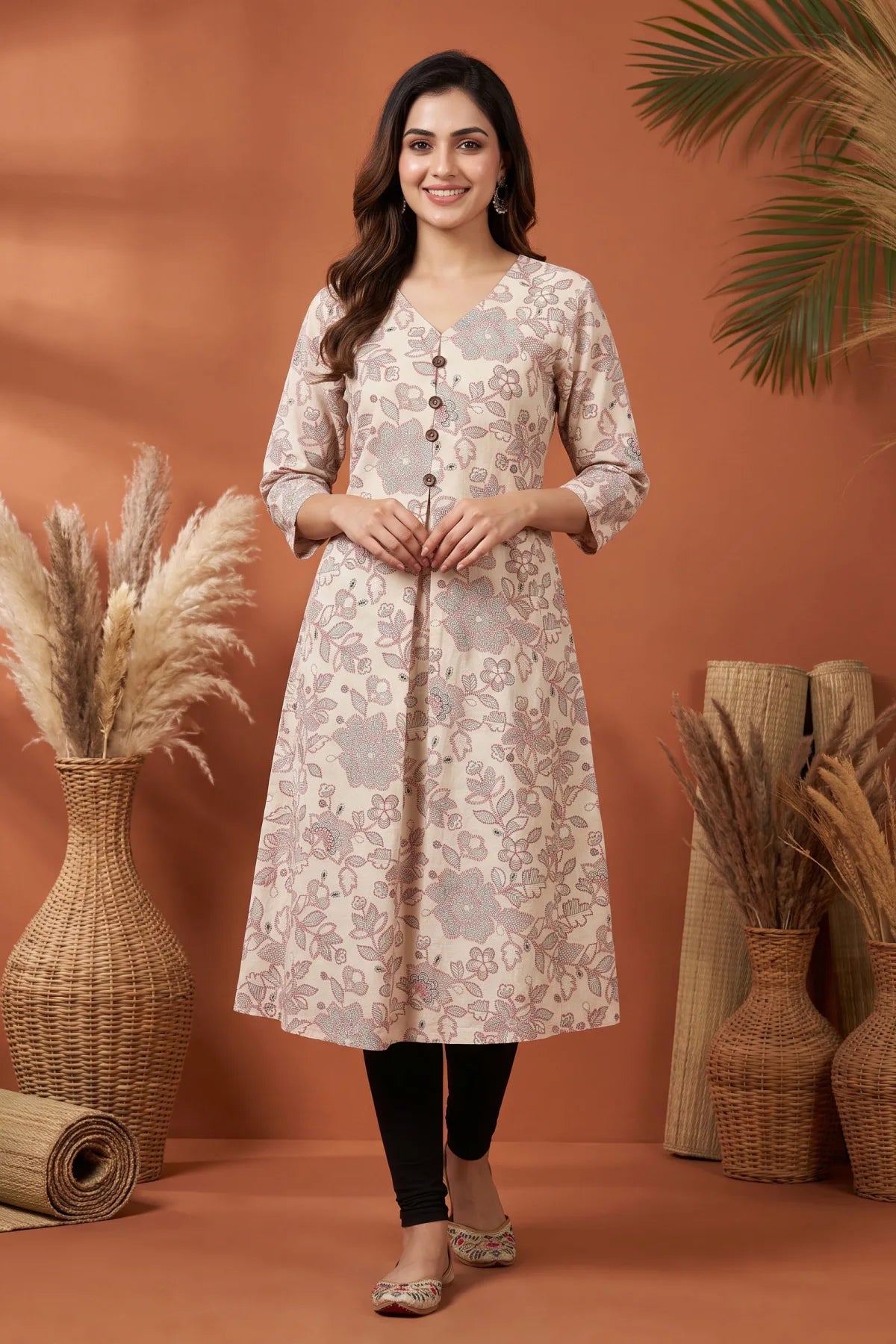 Cream Cotton Long Kurti with V Neck and Floral Print