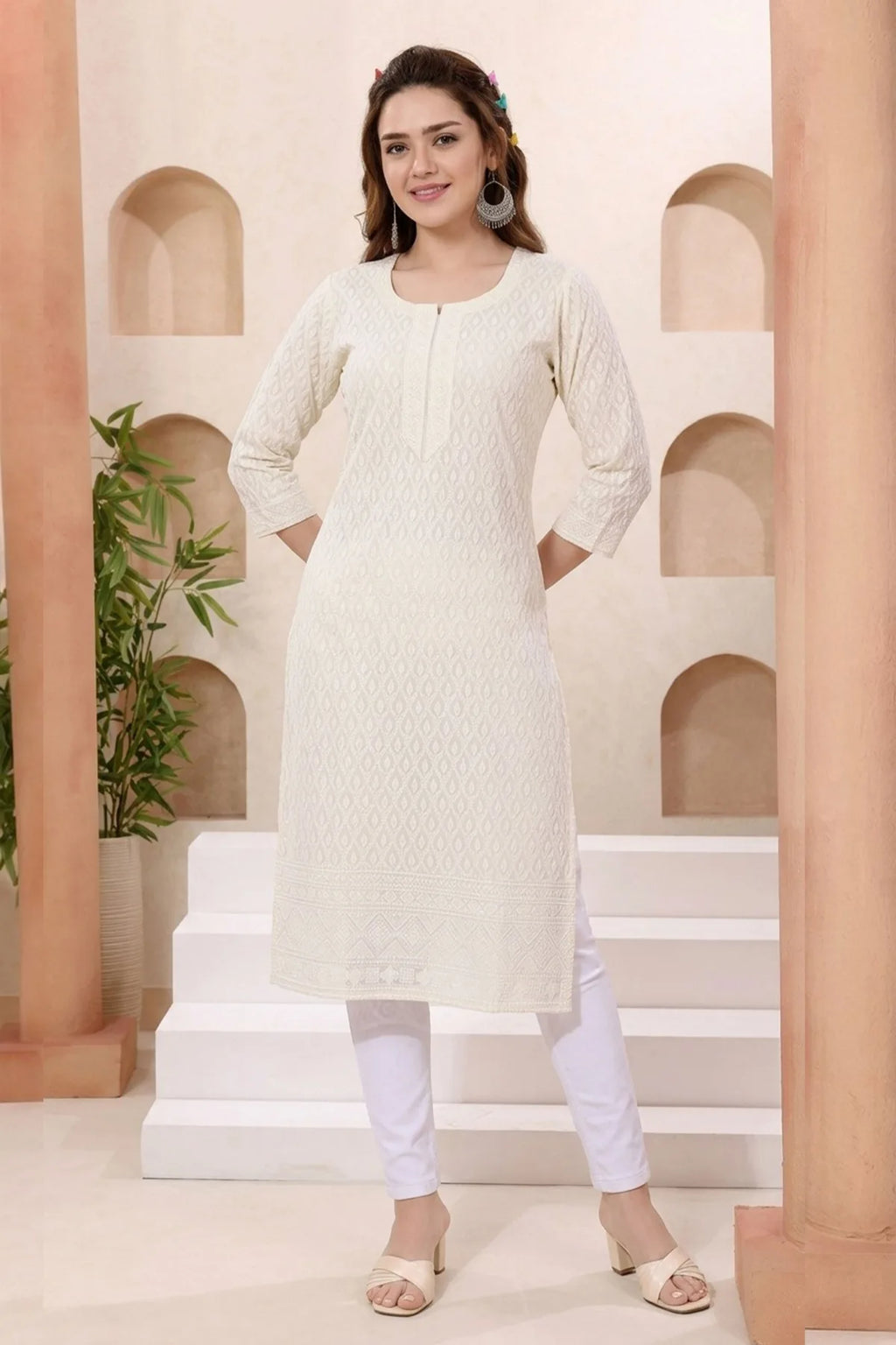 Cream Rayon Chikankari Straight Long Kurta for Women