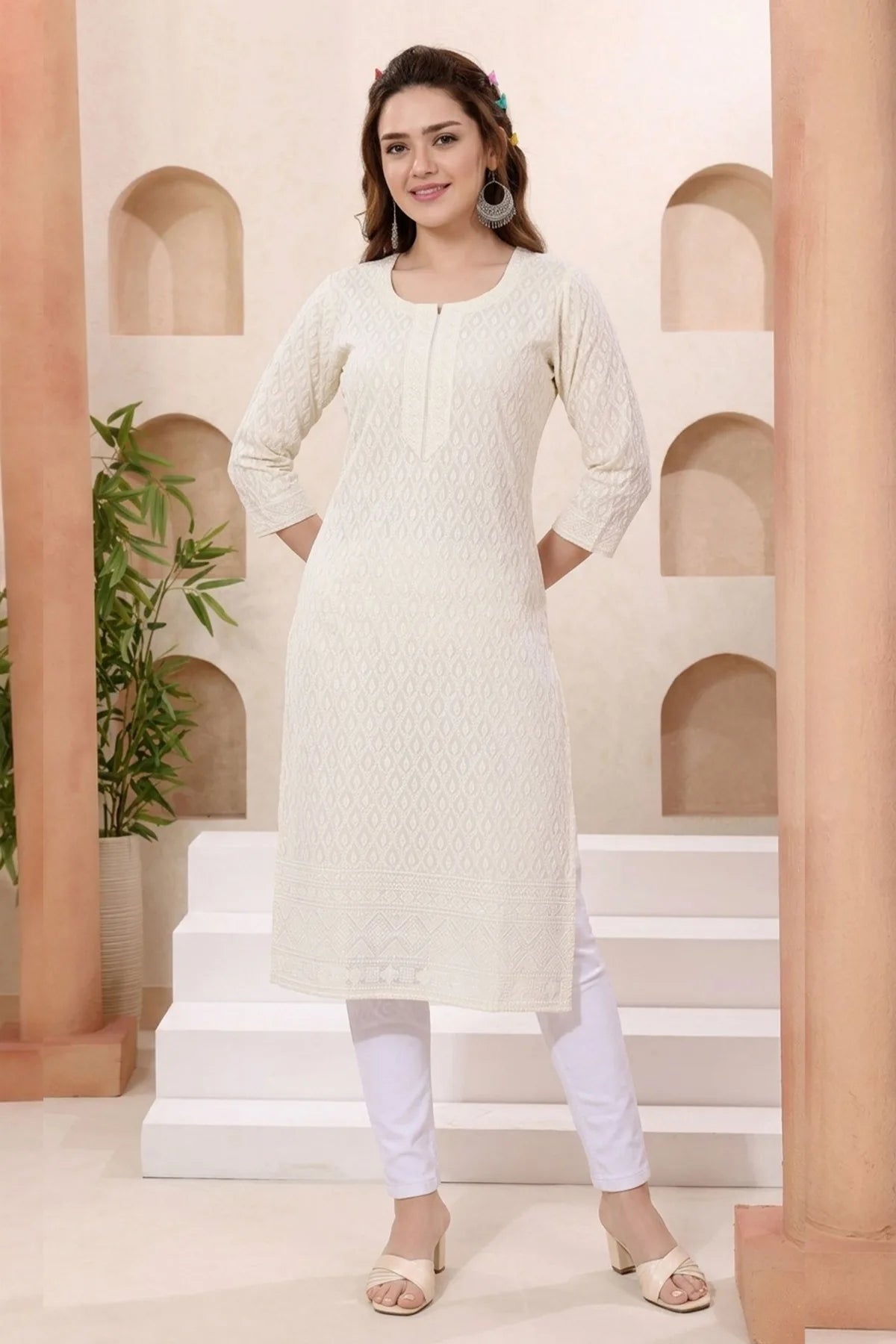 Cream Rayon Chikankari Straight Long Kurta for Women
