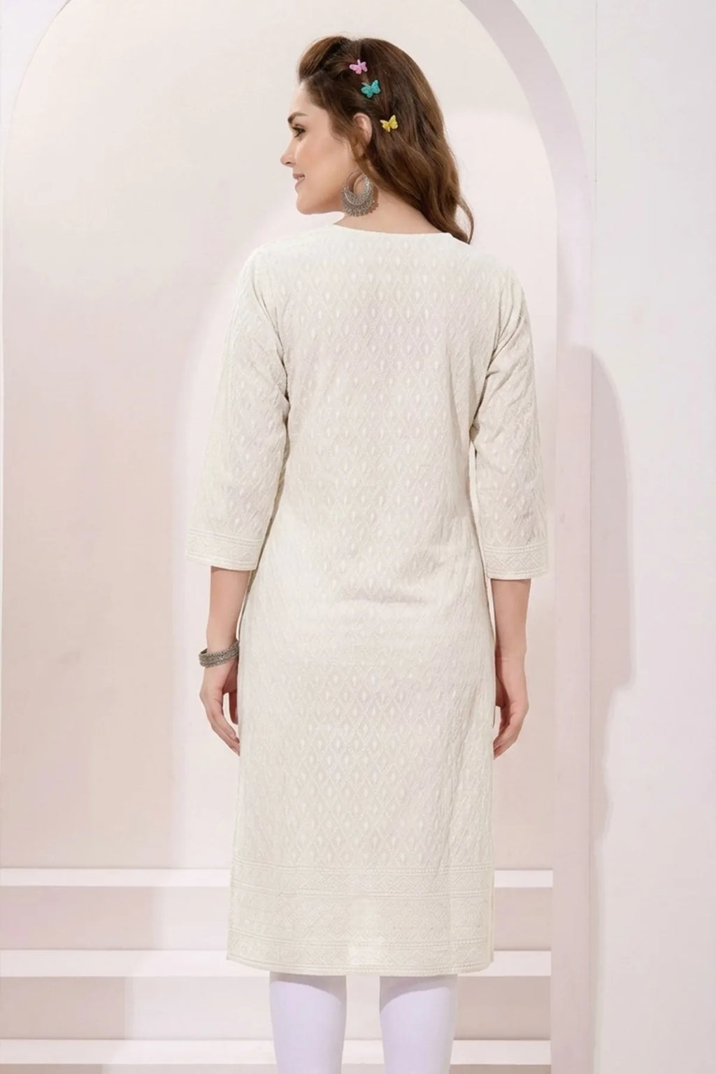 Cream Rayon Chikankari Straight Long Kurta for Women