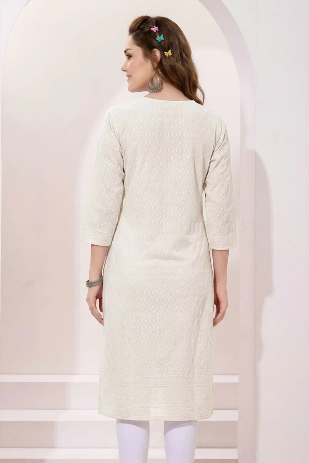 Cream Rayon Chikankari Straight Long Kurta for Women