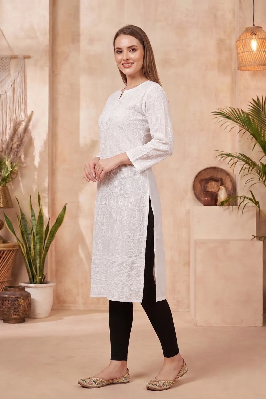 White Chikankari Long Kurti in Cotton