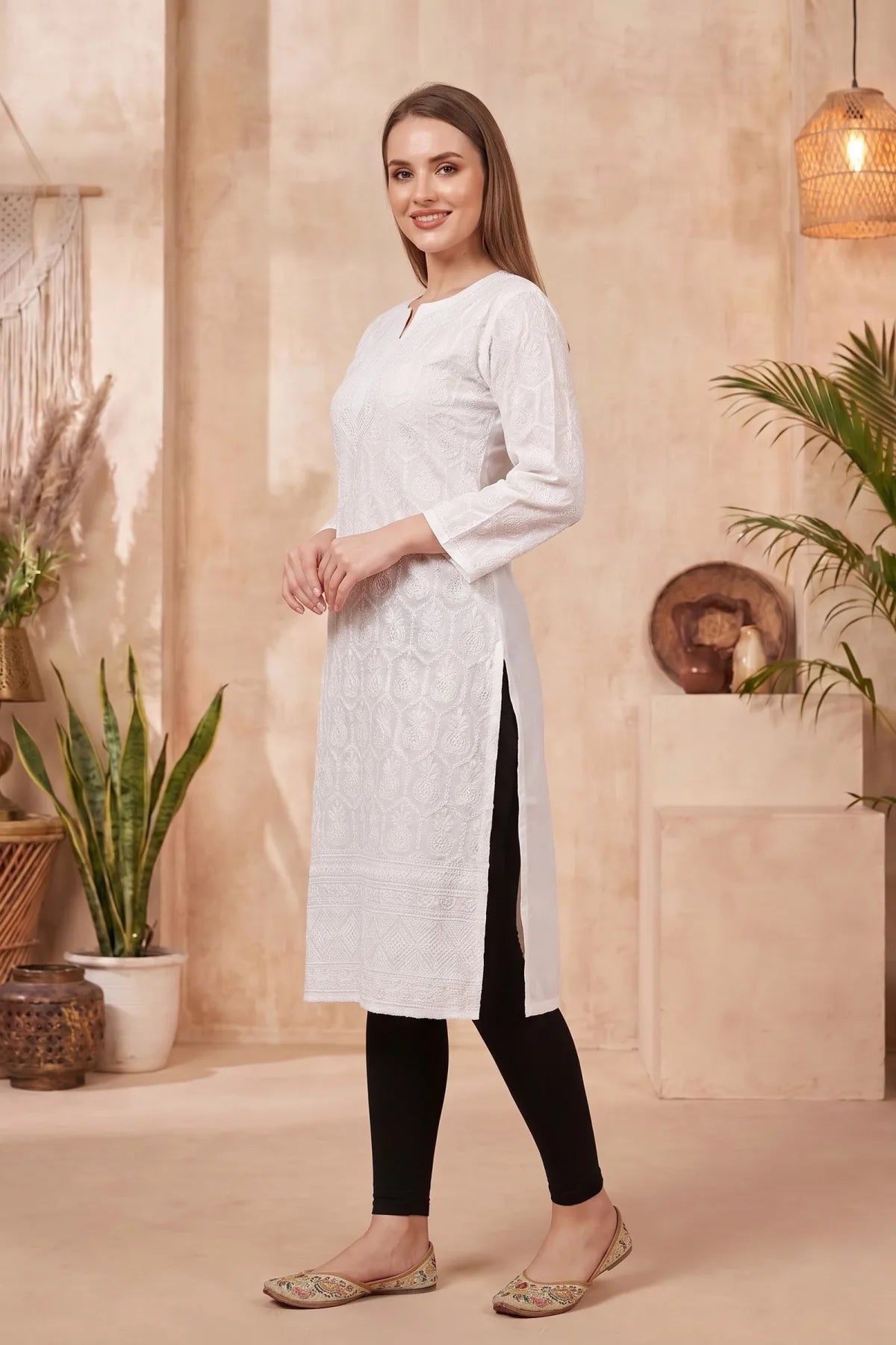 White Chikankari Long Kurti in Cotton