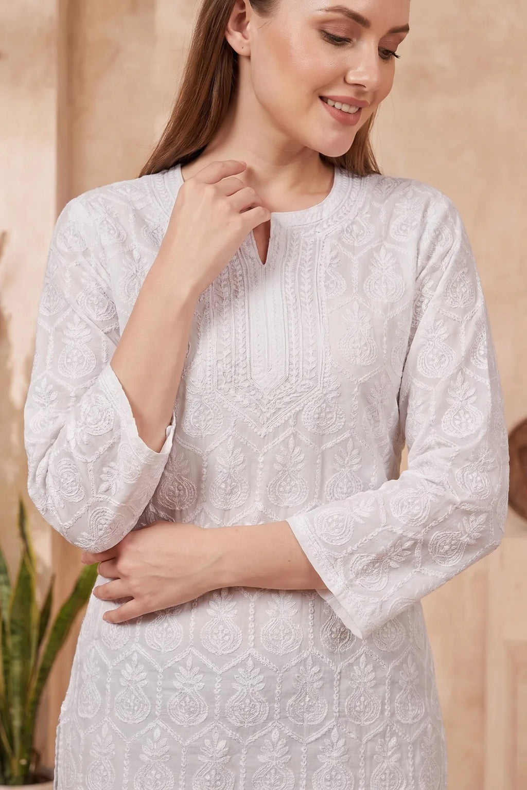 White Chikankari Long Kurti in Cotton