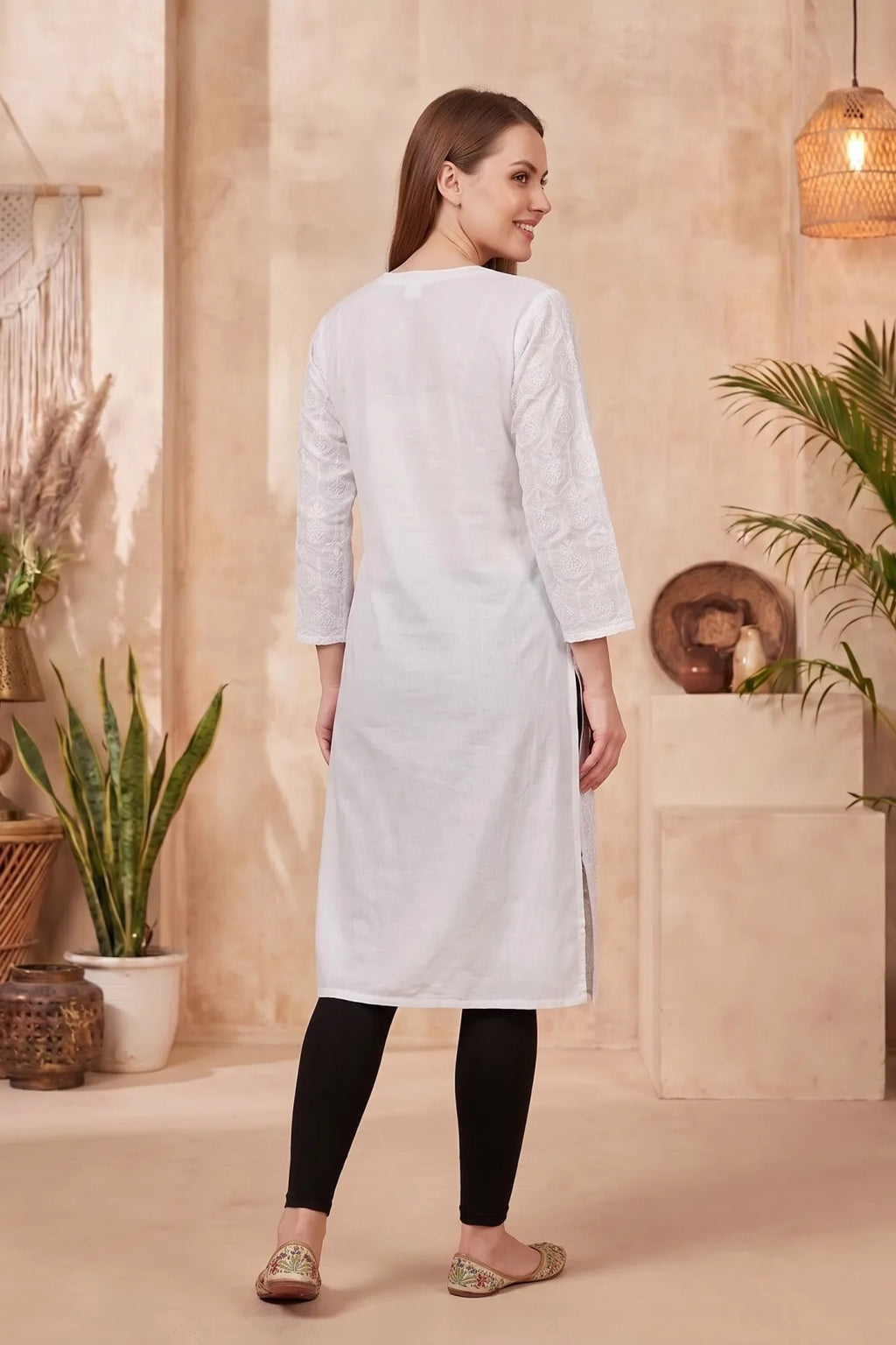 White Chikankari Long Kurti in Cotton