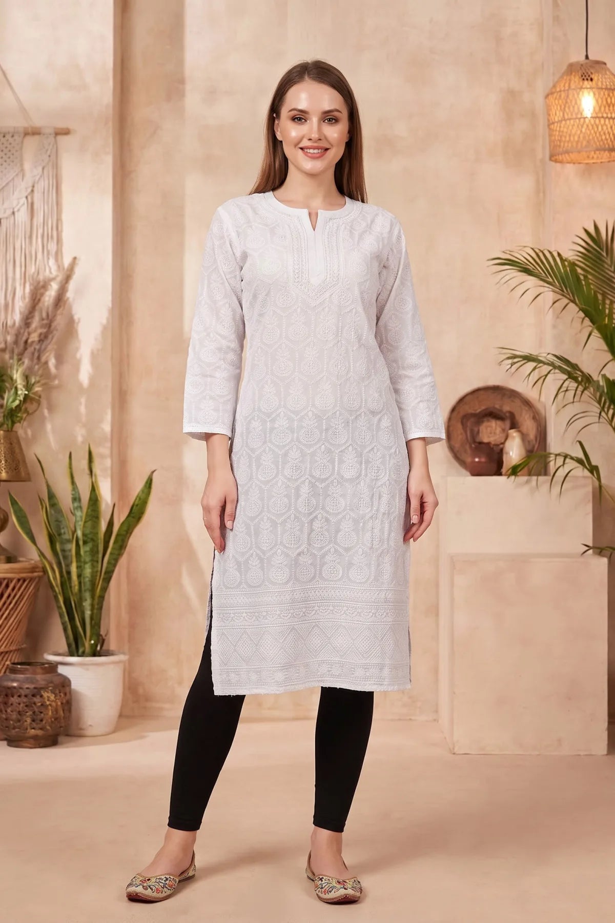White Chikankari Long Kurti in Cotton