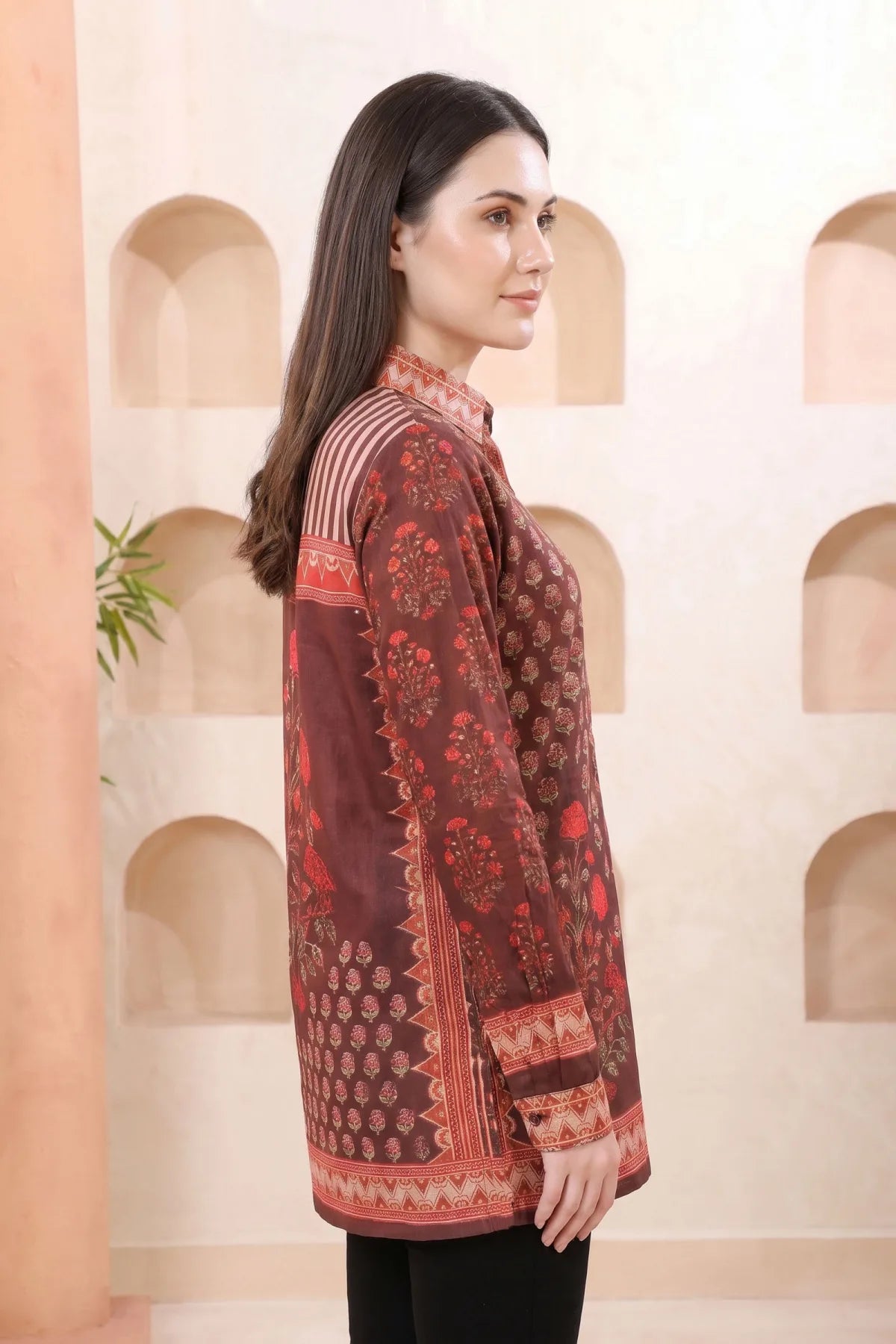 Brown Modal Silk Printed Shirt Style Tunic Top