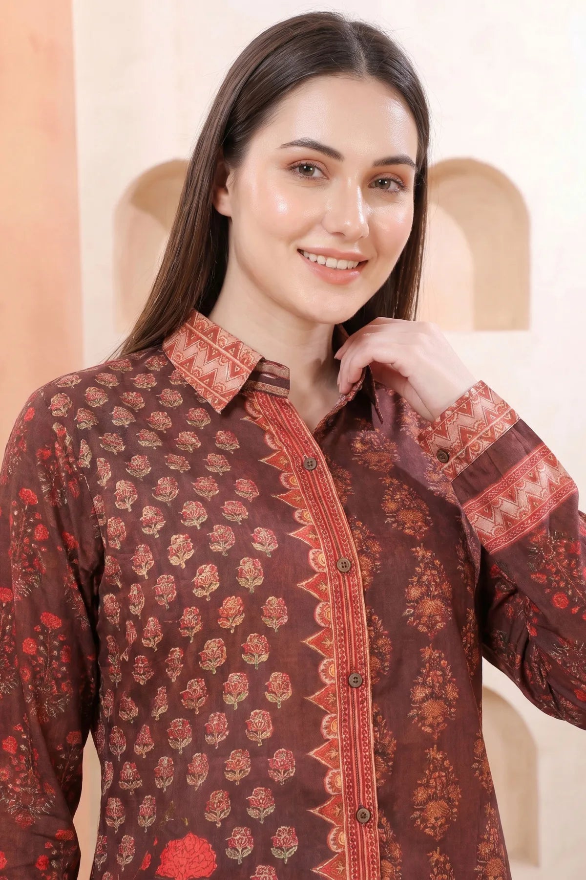 Brown Modal Silk Printed Shirt Style Tunic Top