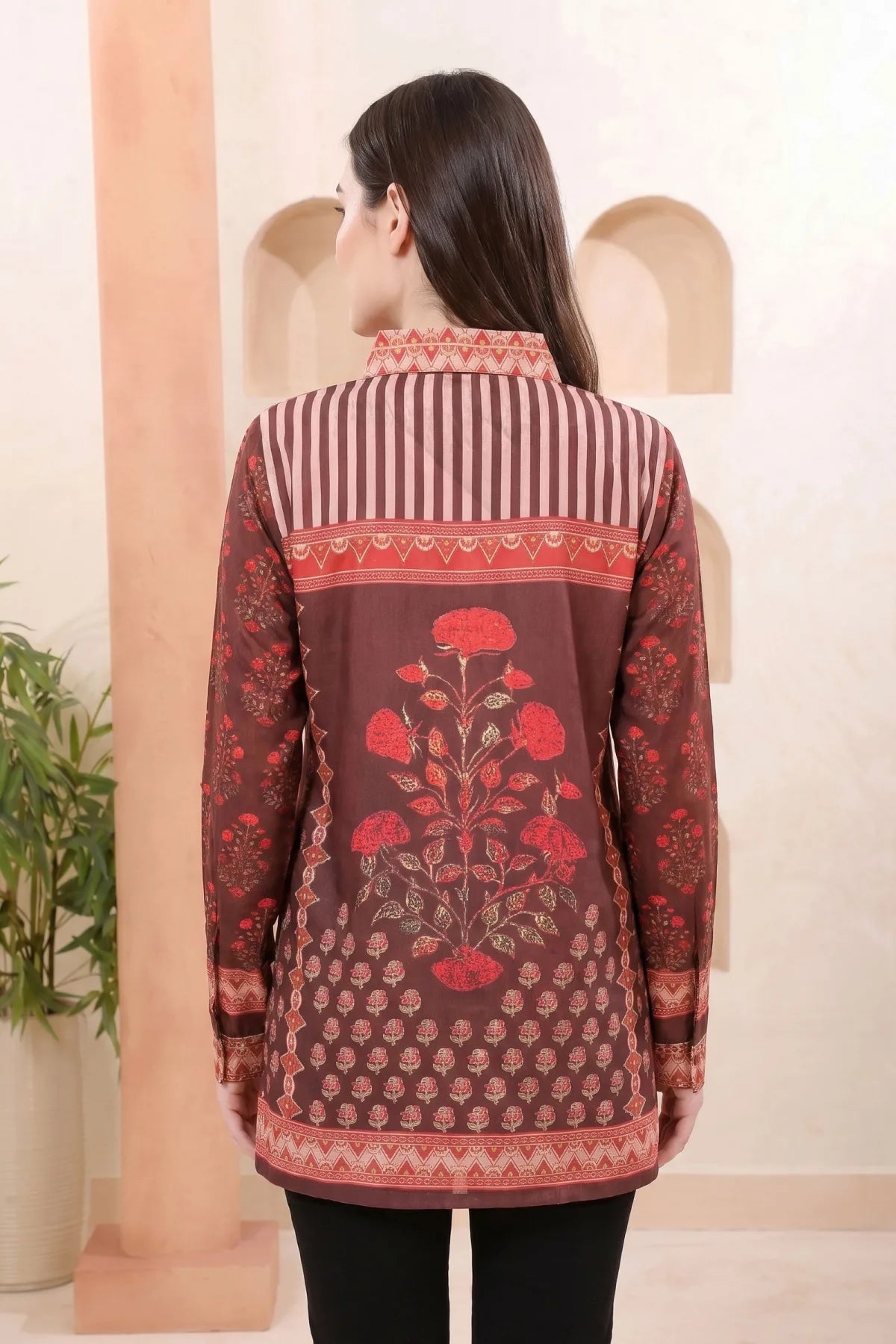 Brown Modal Silk Printed Shirt Style Tunic Top