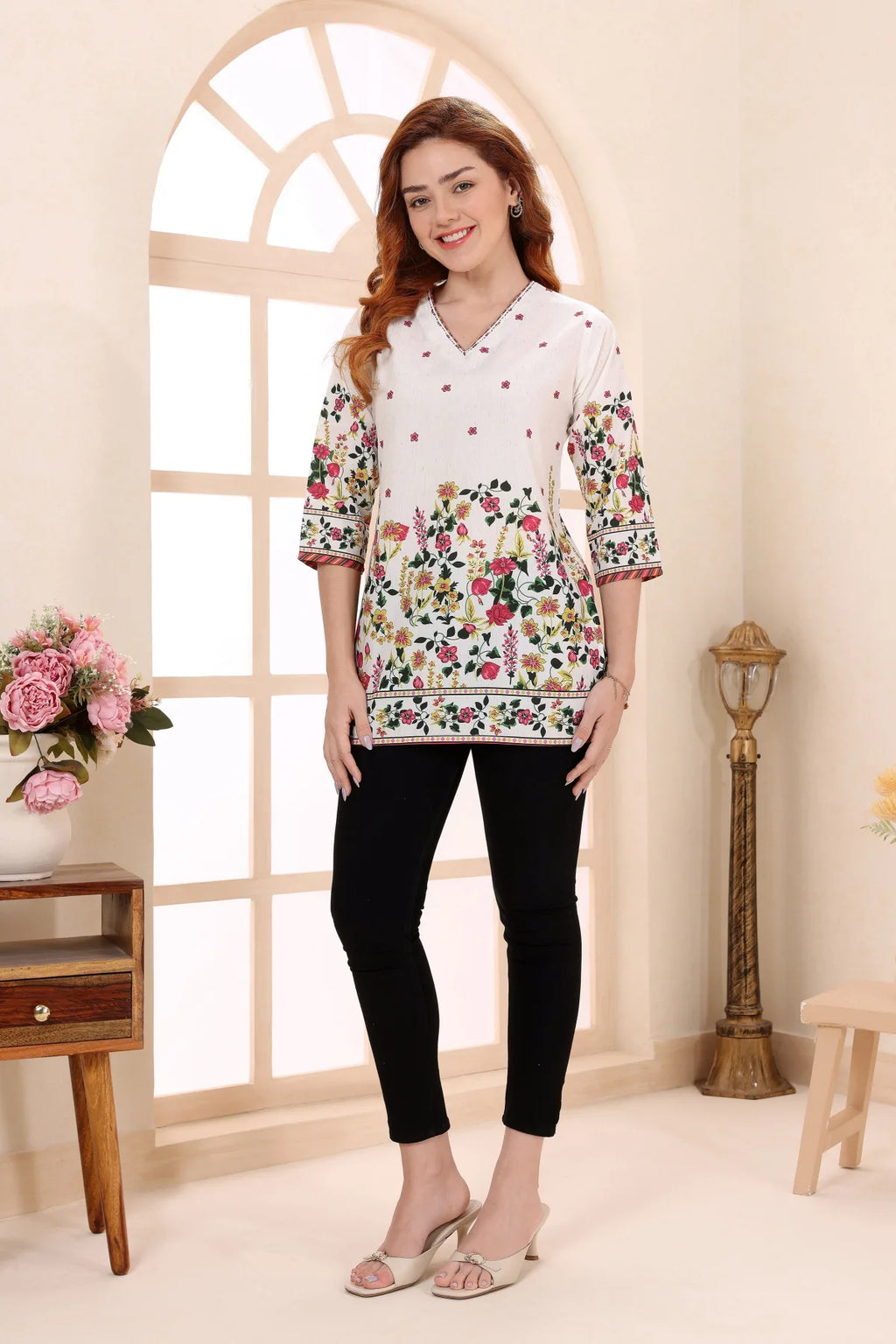 Cream Cotton Short Kurti with Floral Print for Women