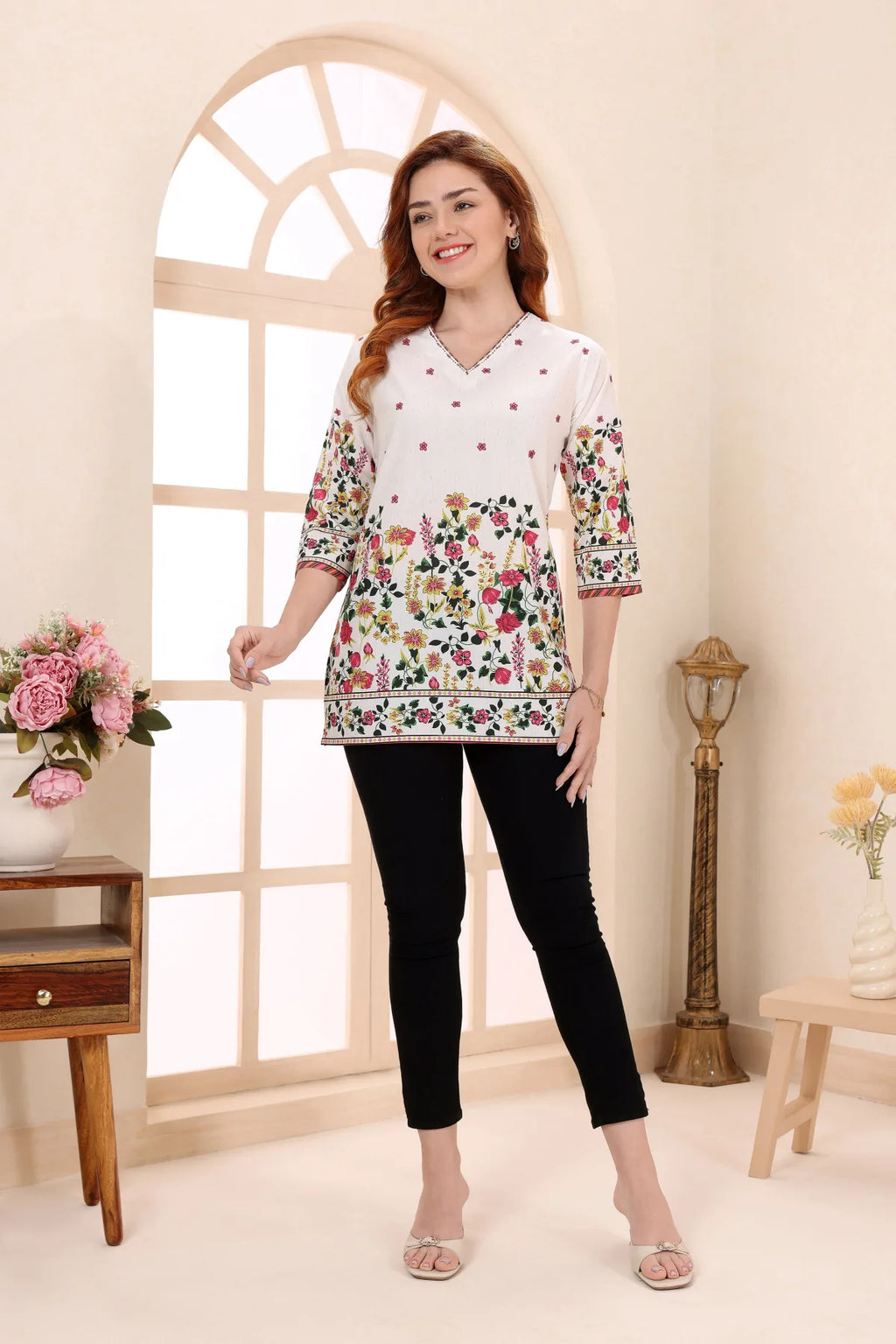 Cream Cotton Short Kurti with Floral Print for Women