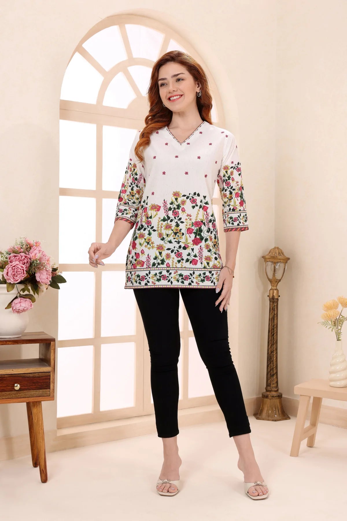 Cream Cotton Short Kurti with Floral Print for Women