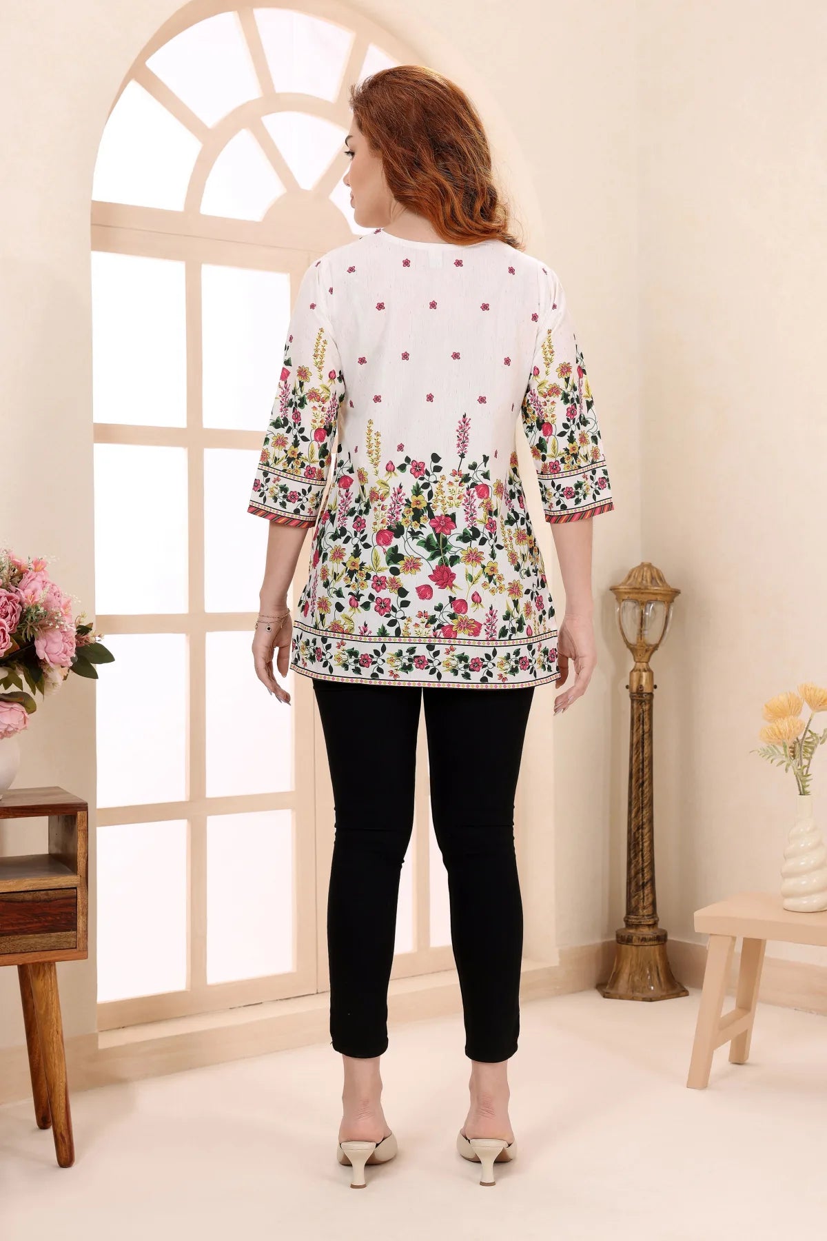 Cream Cotton Short Kurti with Floral Print for Women