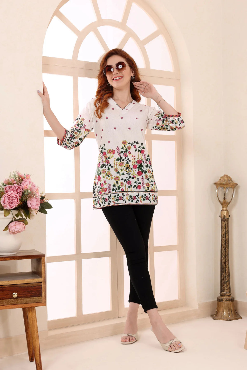 Cream Cotton Short Kurti with Floral Print for Women