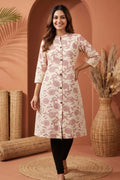 Cream A Line Princess Cut Cotton Kurta with Dark Red Print