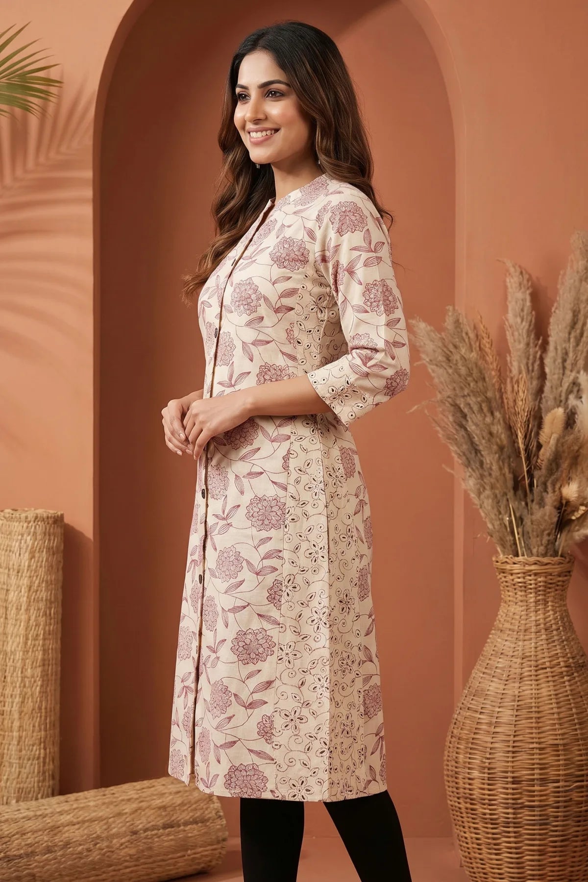 Cream A Line Princess Cut Cotton Kurta with Dark Red Print
