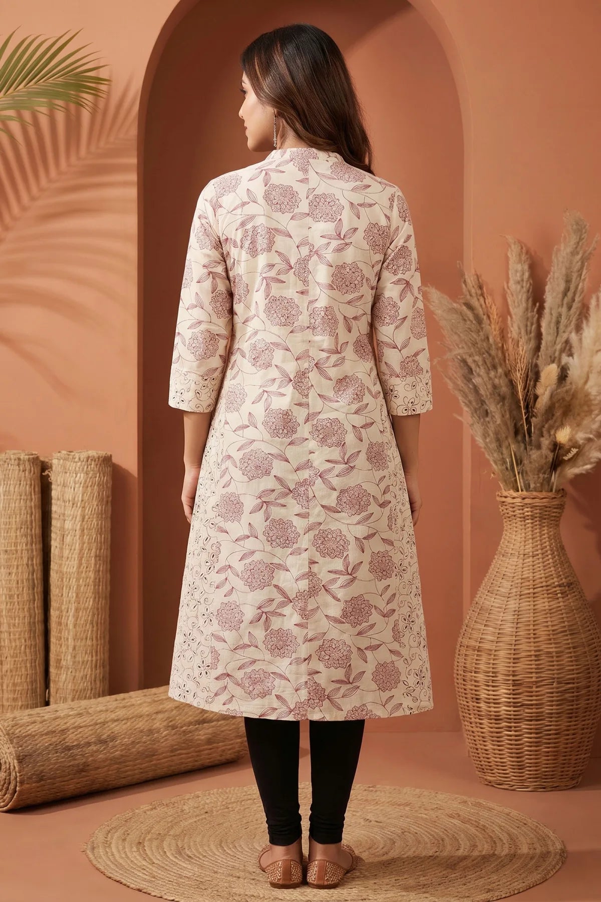 Cream A Line Princess Cut Cotton Kurta with Dark Red Print
