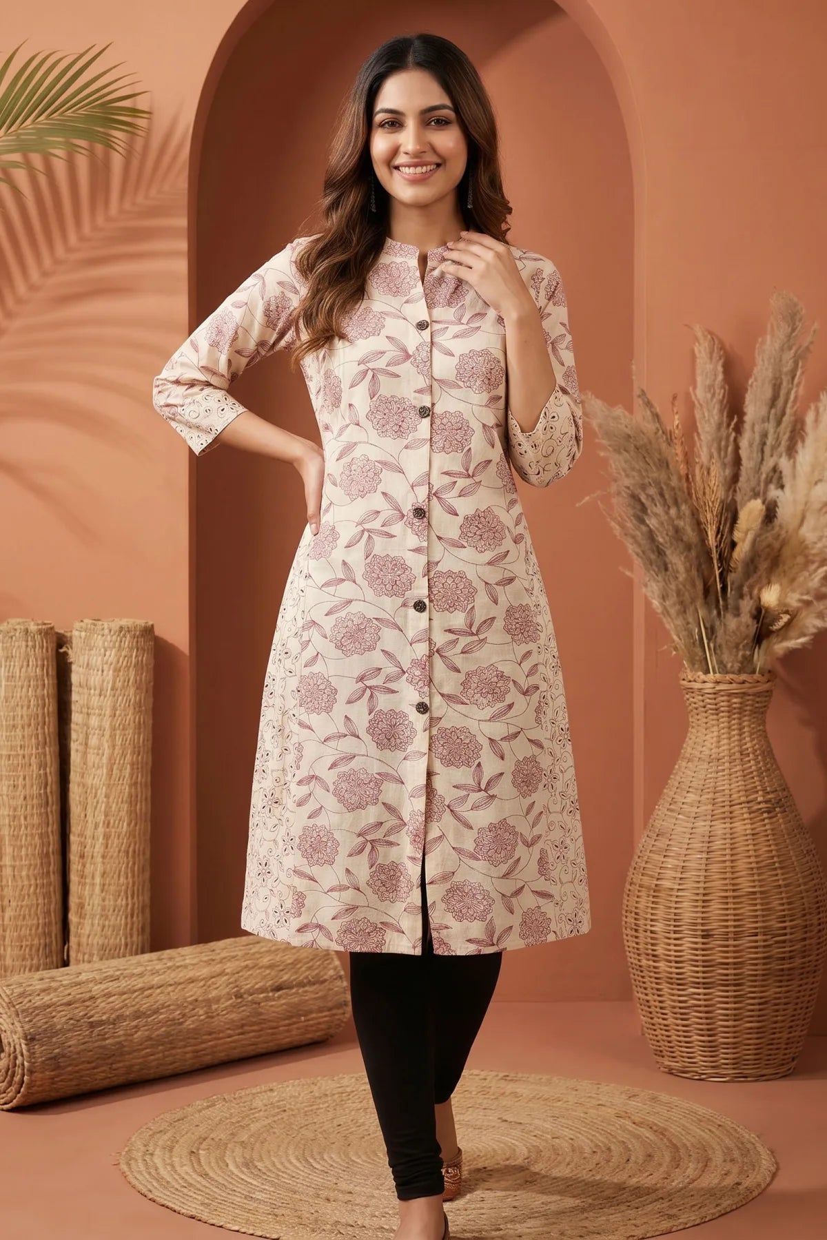 Cream A Line Princess Cut Cotton Kurta with Dark Red Print