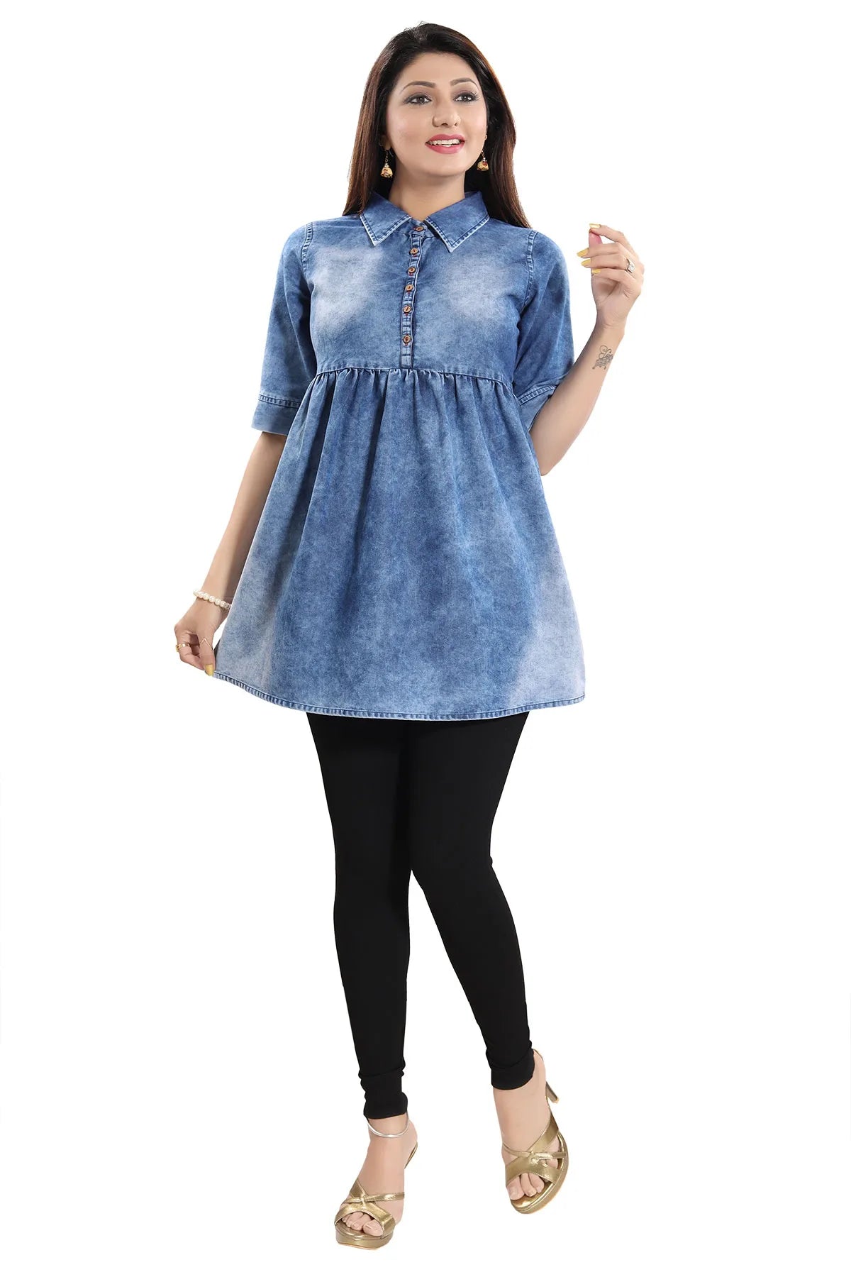 Denim Light Blue Short Frock Style Tunic Top for Women