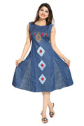 Denim Blue Sleeveless Flared Tunic with Embroidery