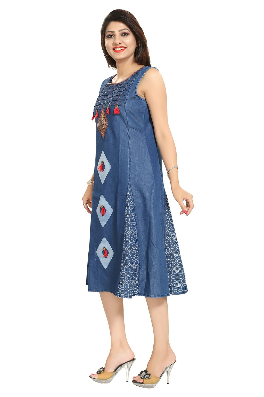 Denim Blue Sleeveless Flared Tunic with Embroidery