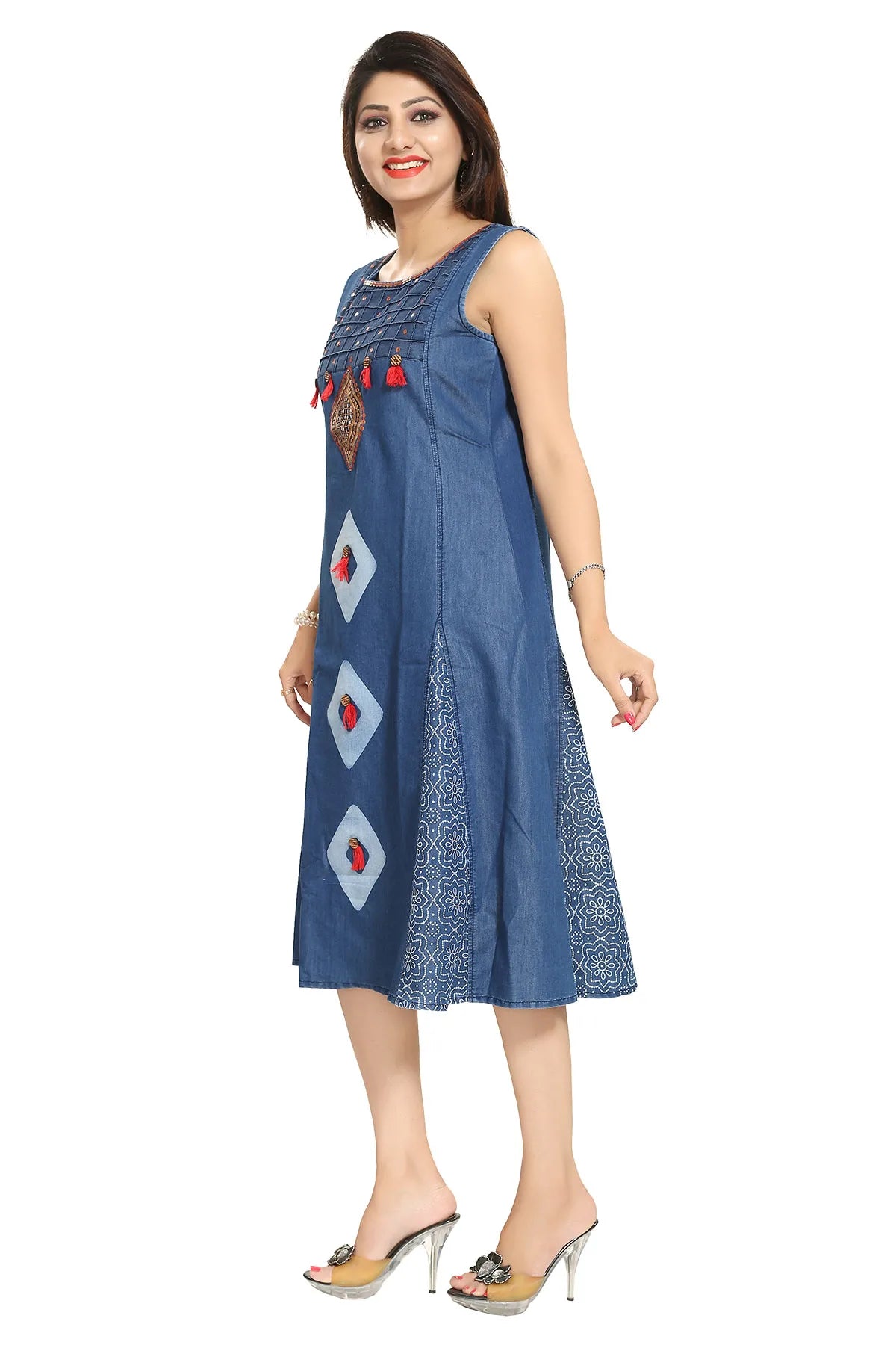 Denim Blue Sleeveless Flared Tunic with Embroidery