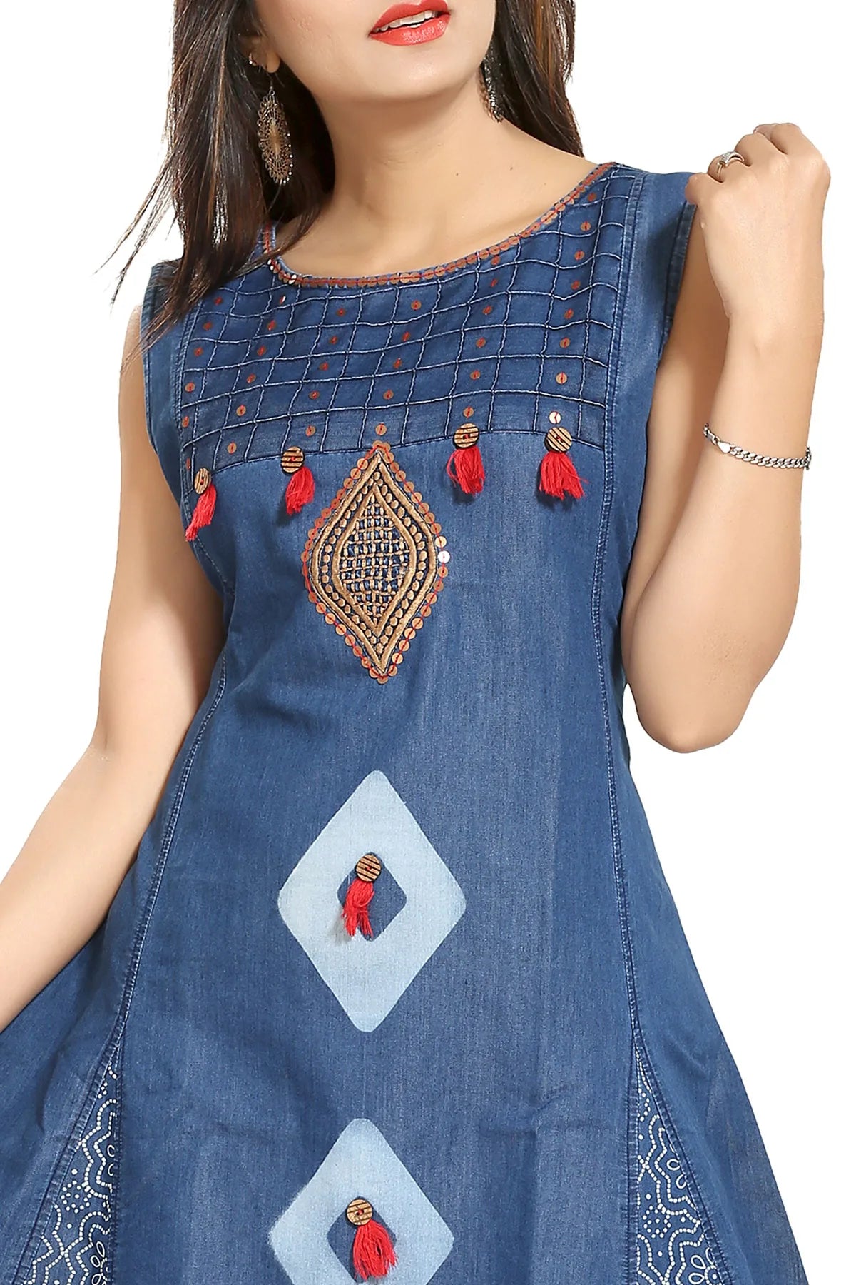 Denim Blue Sleeveless Flared Tunic with Embroidery