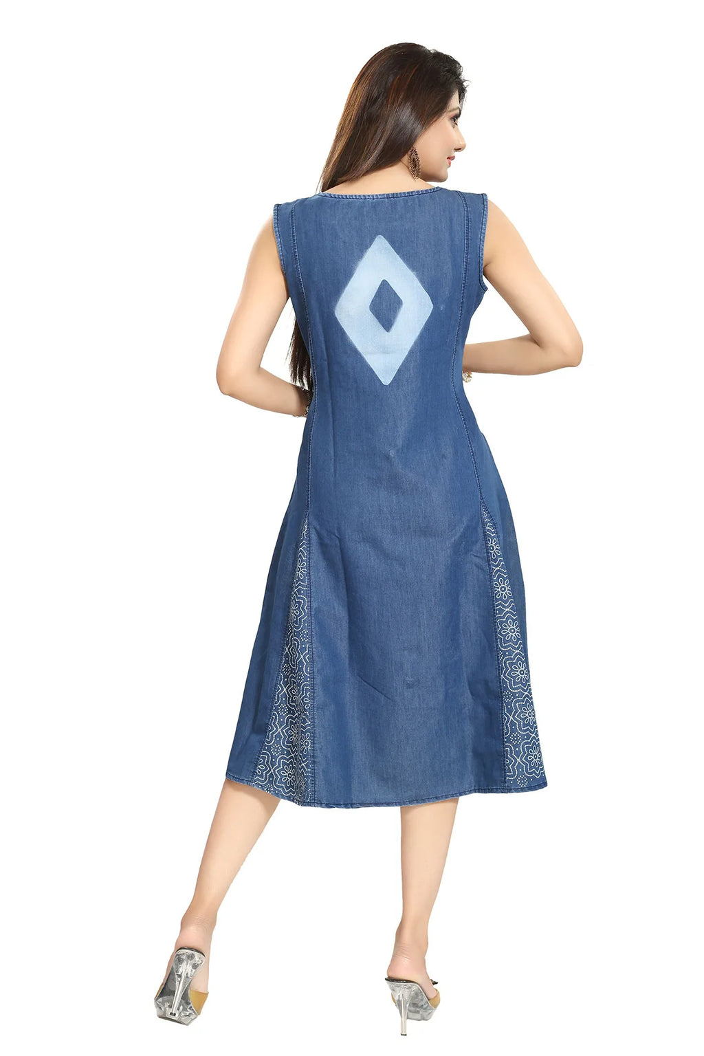 Denim Blue Sleeveless Flared Tunic with Embroidery