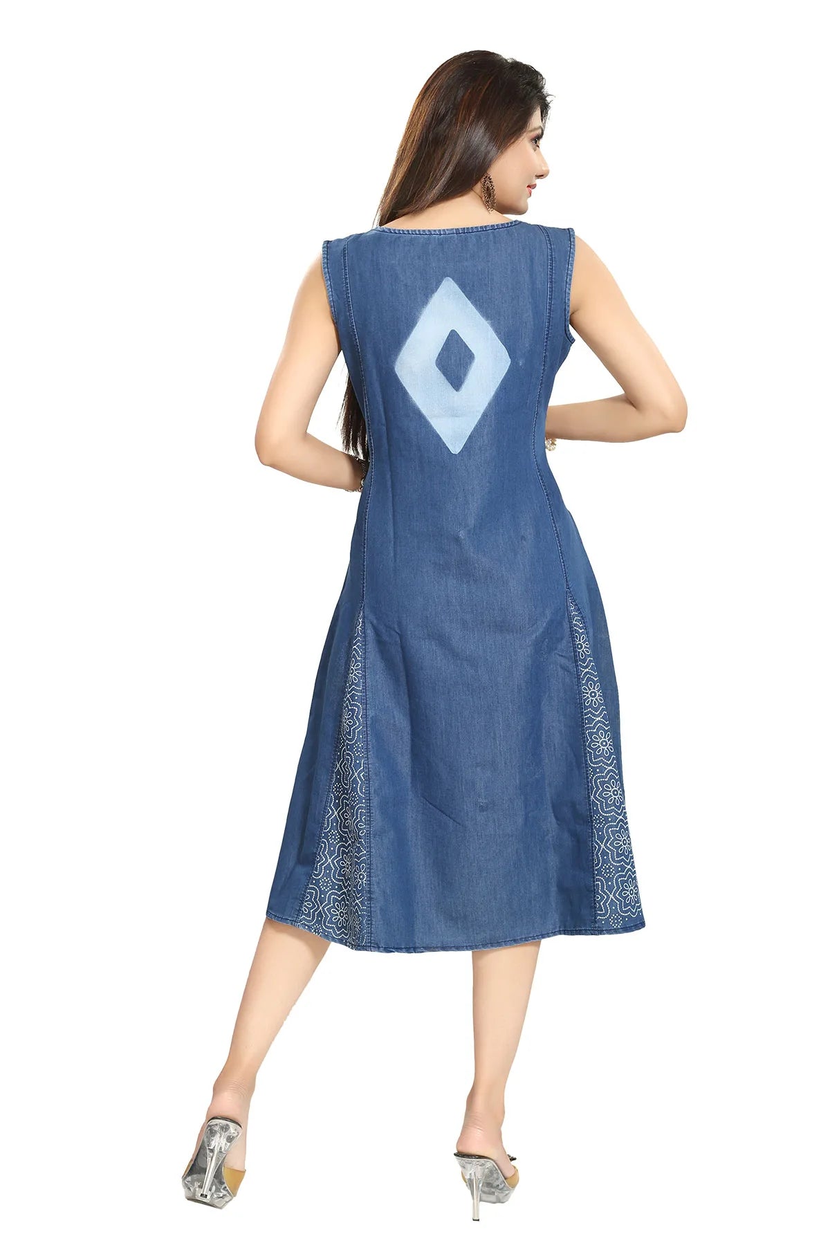 Denim Blue Sleeveless Flared Tunic with Embroidery