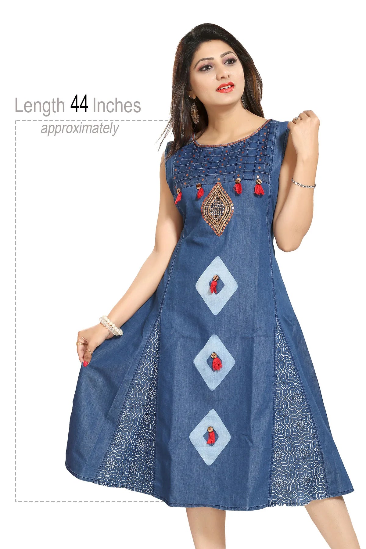 Denim Blue Sleeveless Flared Tunic with Embroidery