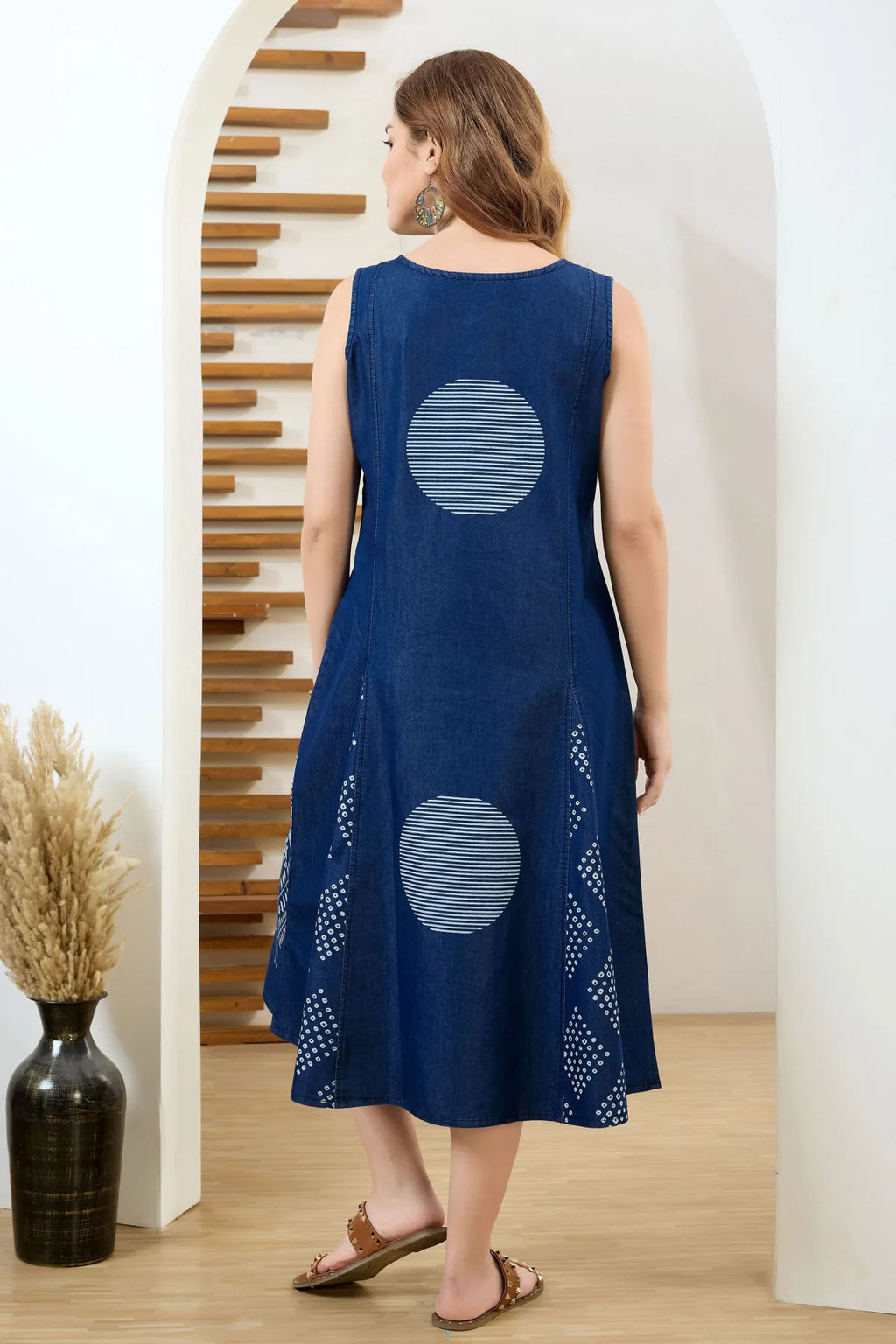 Denim Blue Sleeveless Flared Tunic Dress with Thread Work