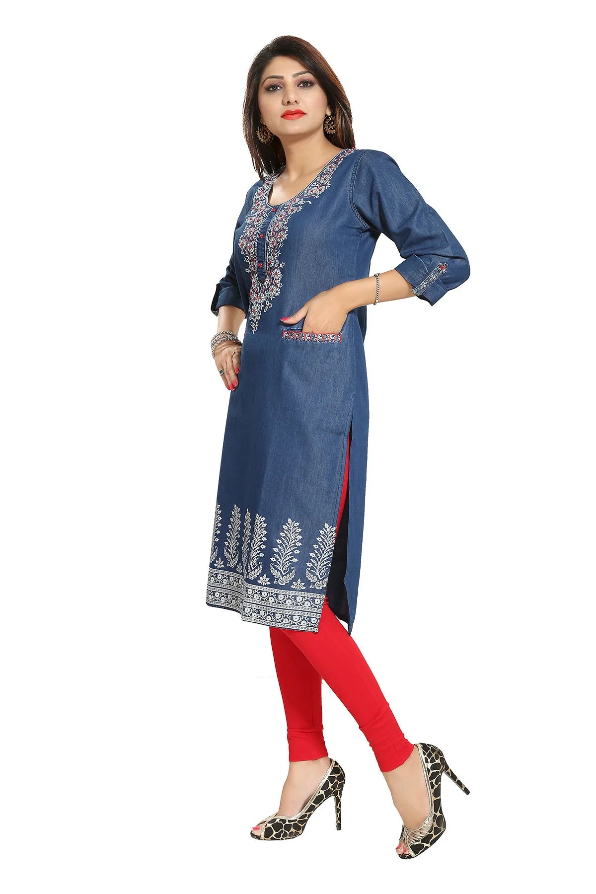 Denim Blue Long Kurti with Pockets and Thread Work