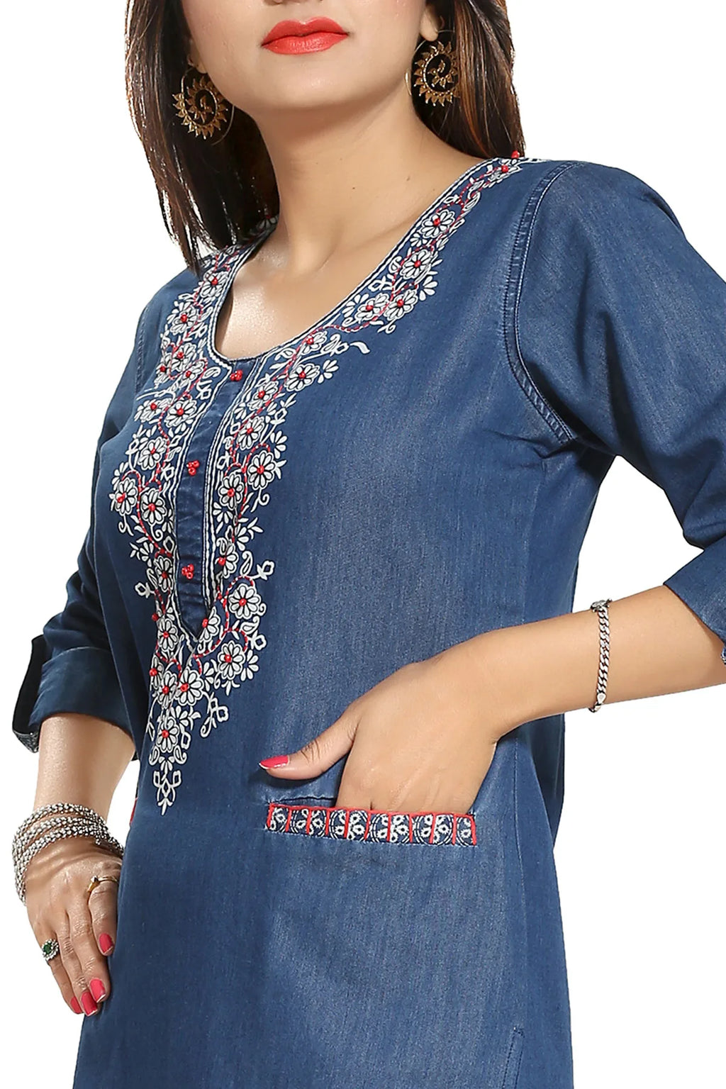 Denim Blue Long Kurti with Pockets and Thread Work