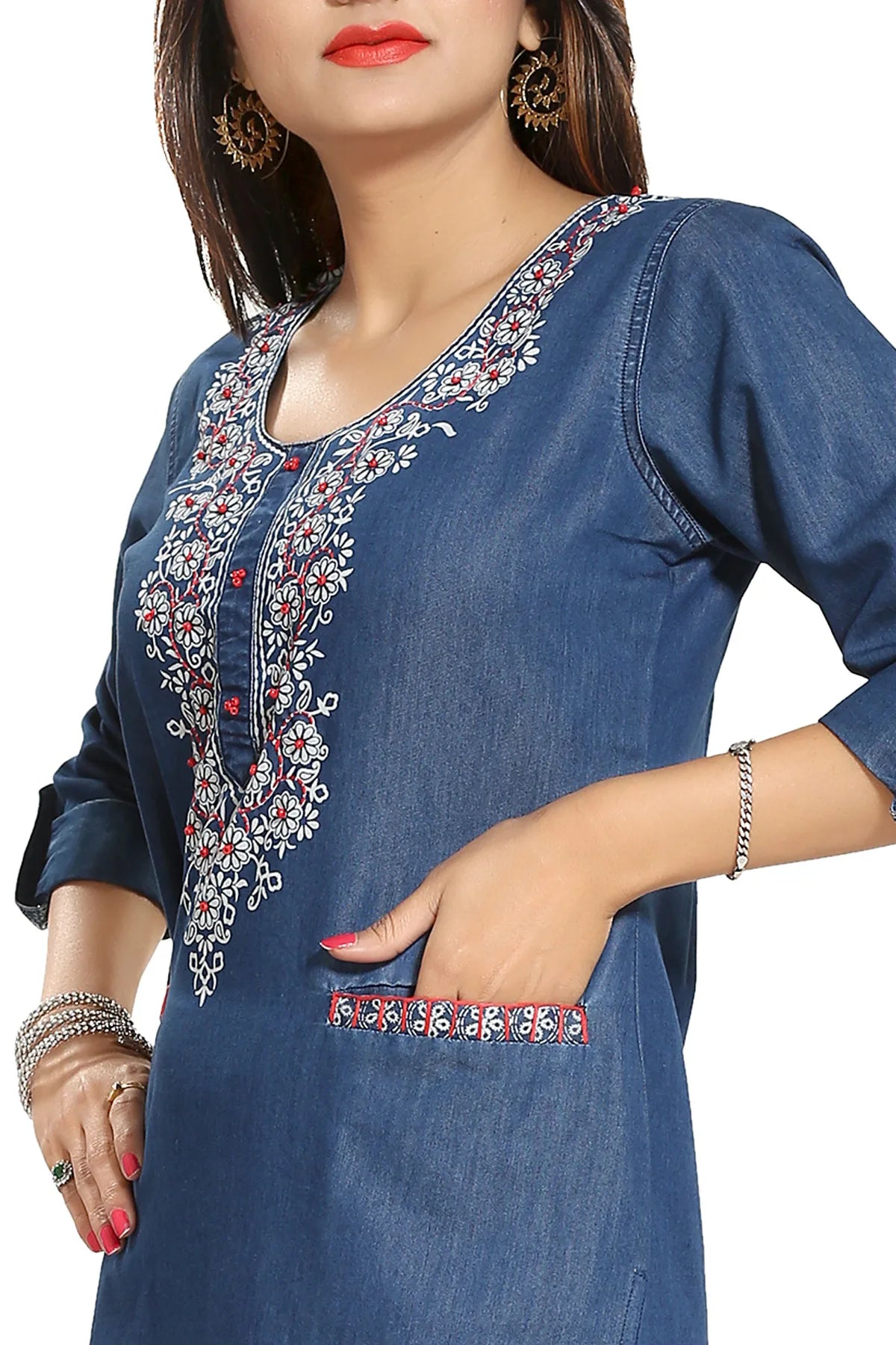 Denim Blue Long Kurti with Pockets and Thread Work
