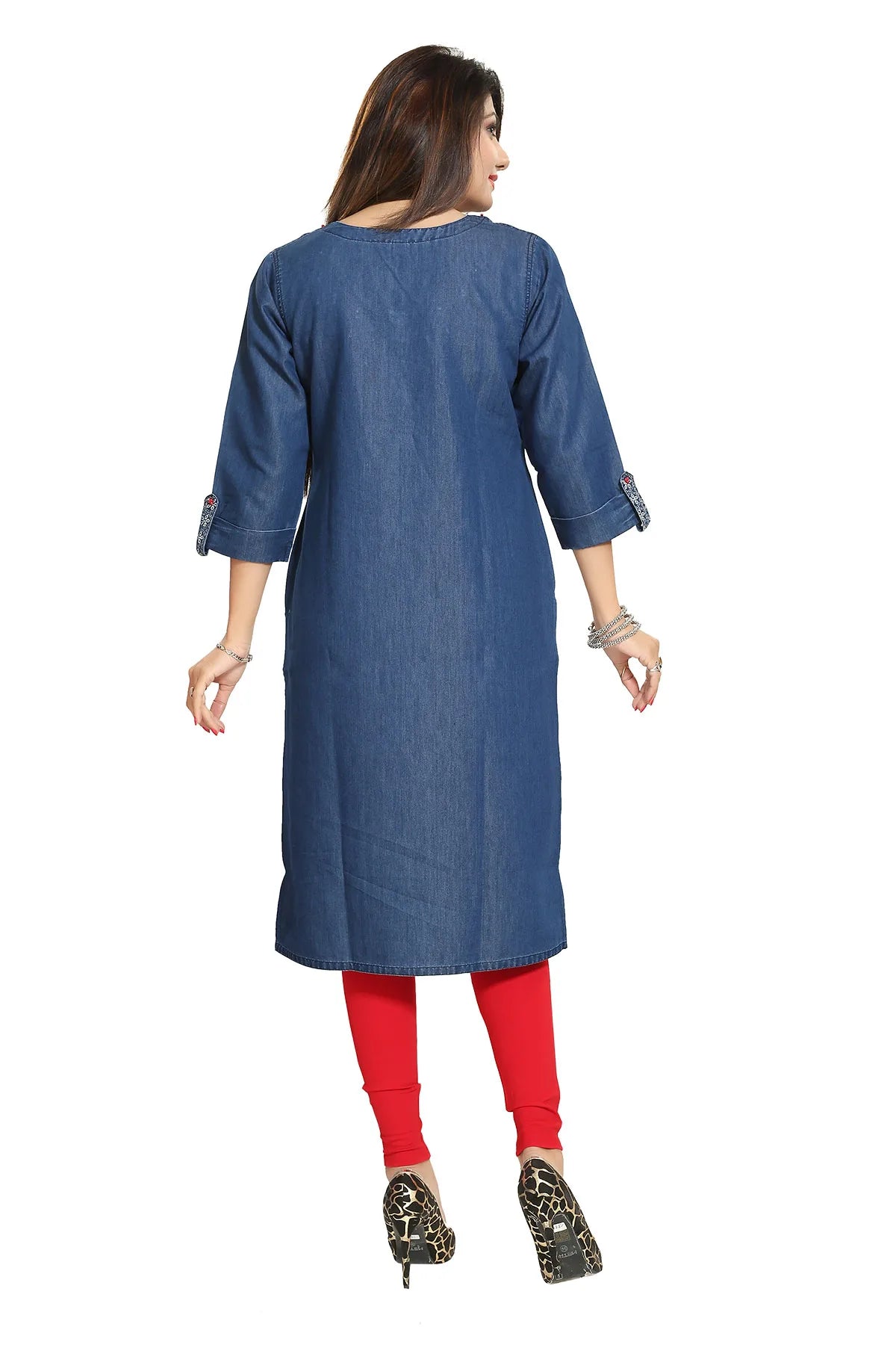 Denim Blue Long Kurti with Pockets and Thread Work