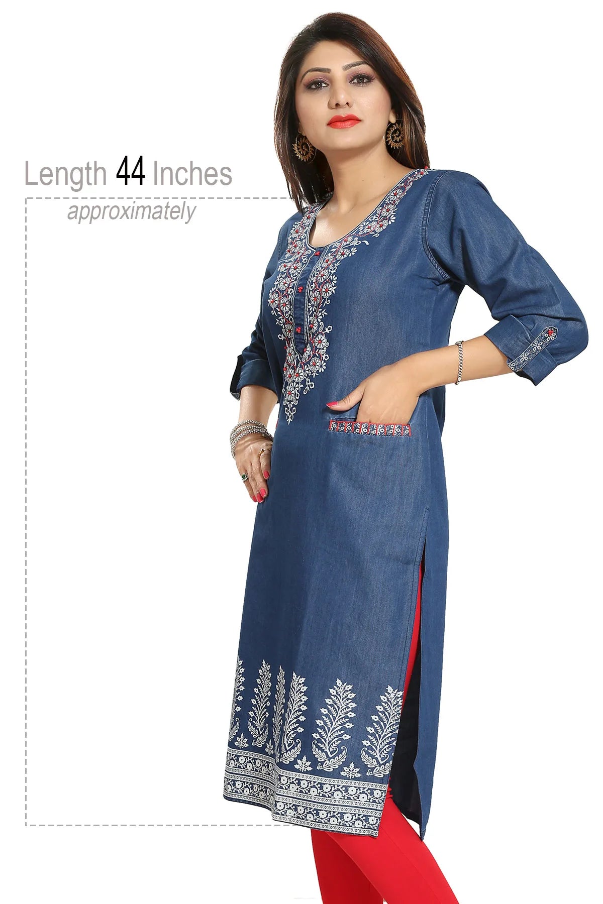 Denim Blue Long Kurti with Pockets and Thread Work