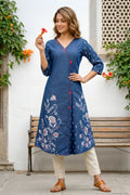 Denim Blue A Line Kurti with V Neck and Mirror Work