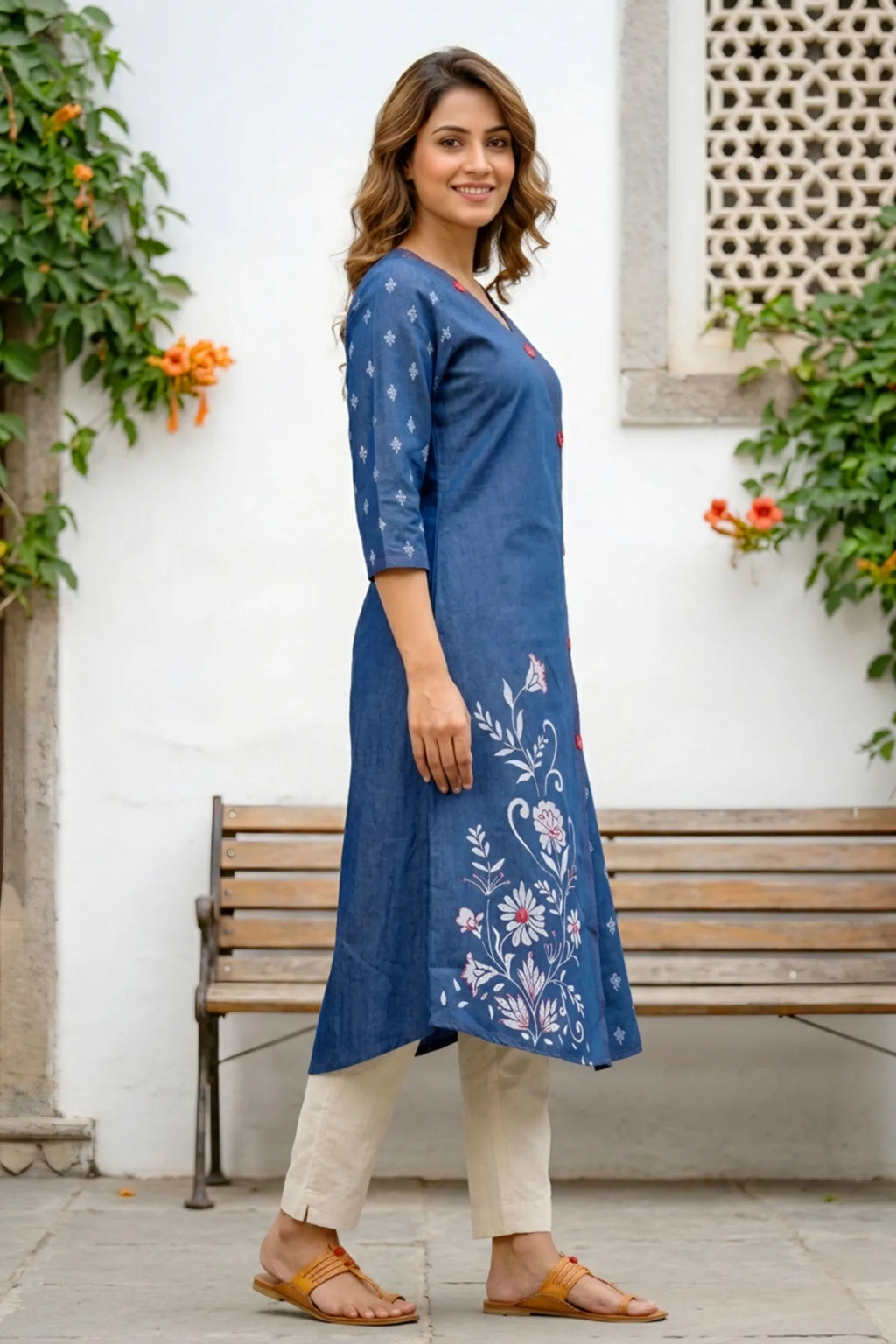 Denim Blue A Line Kurti with V Neck and Mirror Work