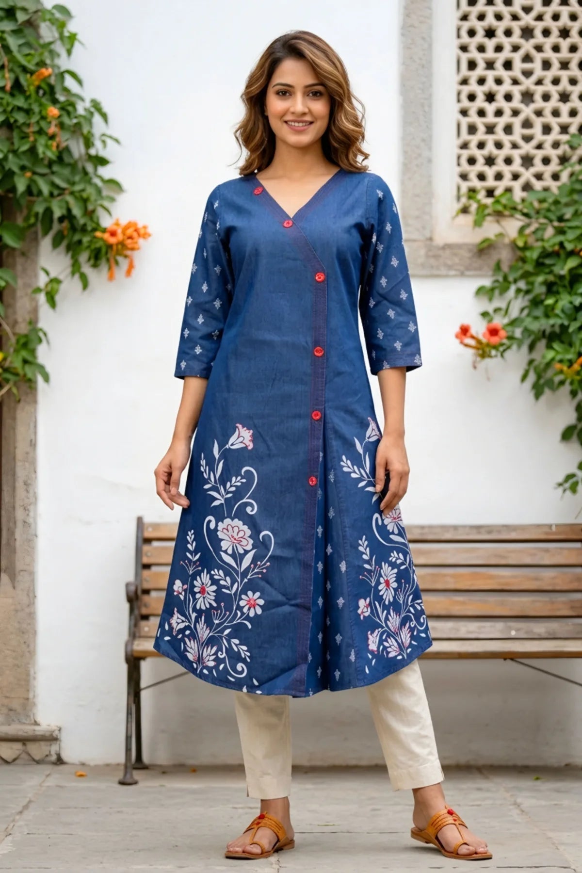 Denim Blue A Line Kurti with V Neck and Mirror Work