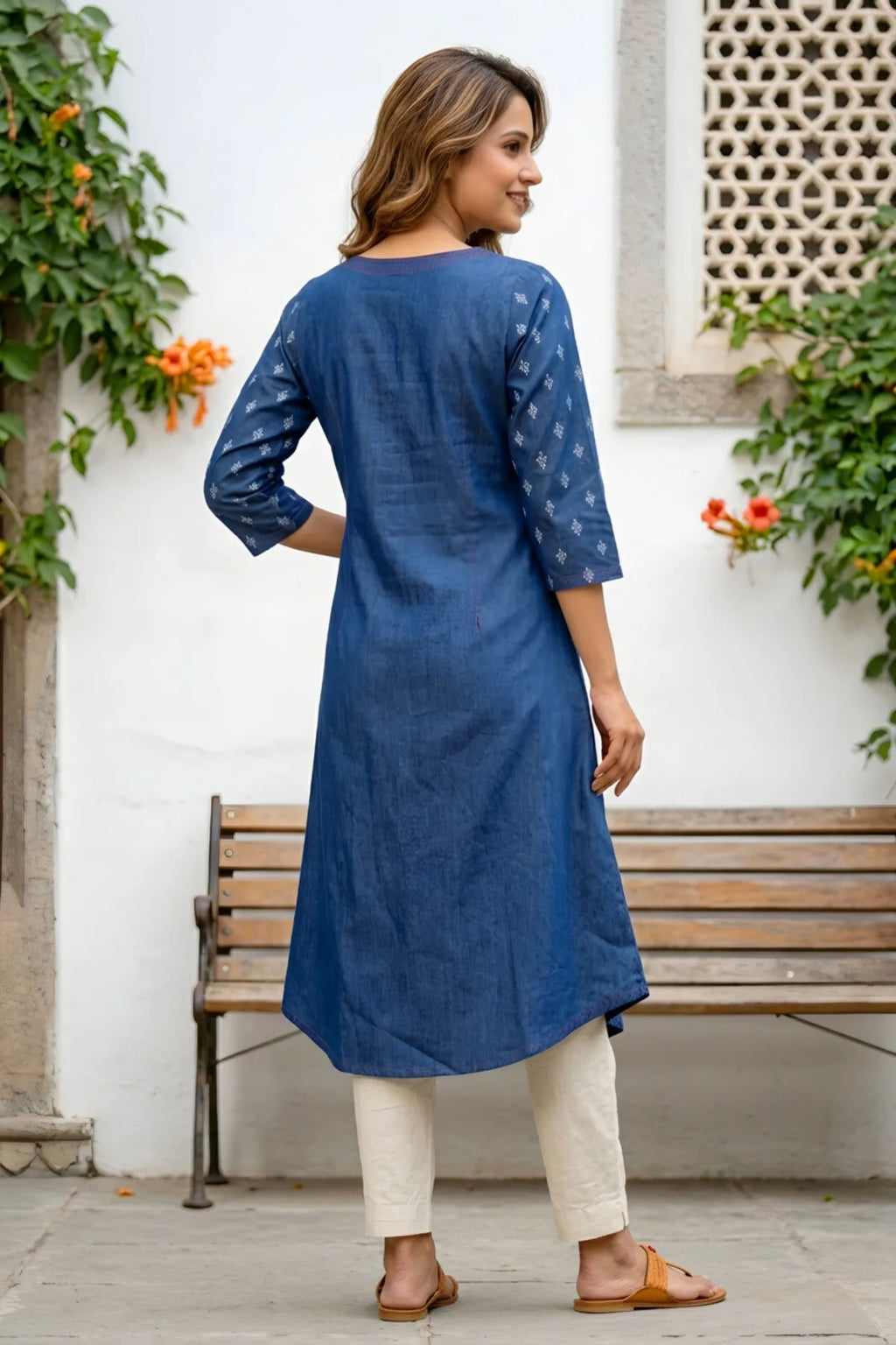 Denim Blue A Line Kurti with V Neck and Mirror Work