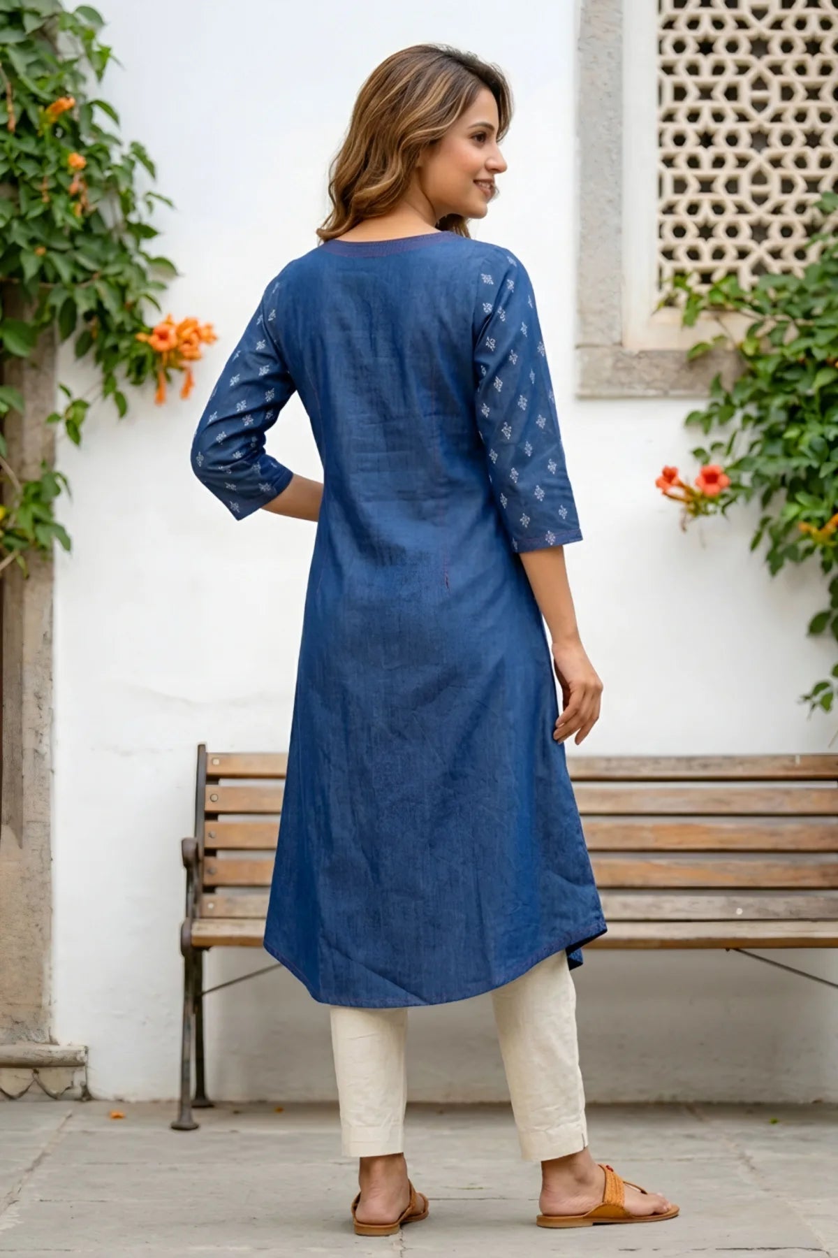 Denim Blue A Line Kurti with V Neck and Mirror Work