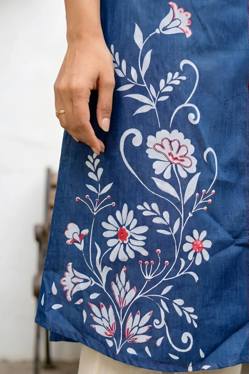 Denim Blue A Line Kurti with V Neck and Mirror Work
