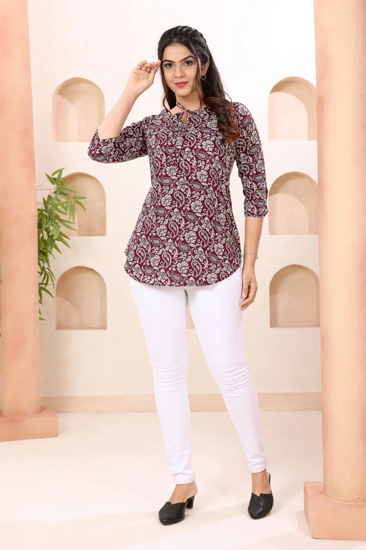 Wine Paisley Print Short Tunic Top