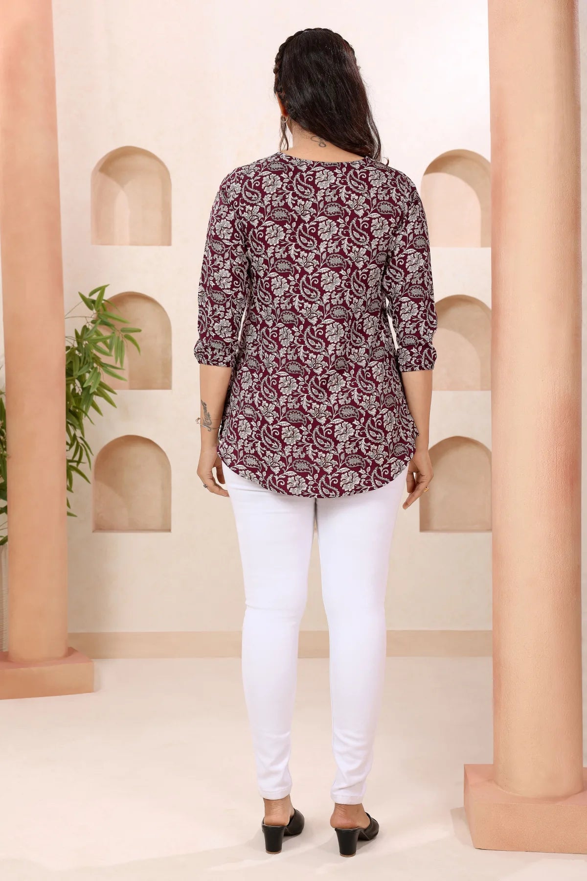 Wine Paisley Print Short Tunic Top