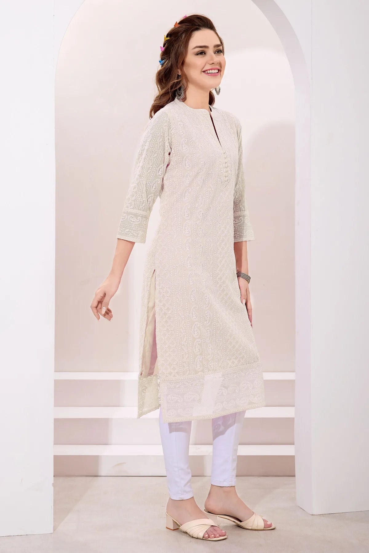 Cream Fine Georgette Kurta with Chicken Embroidery