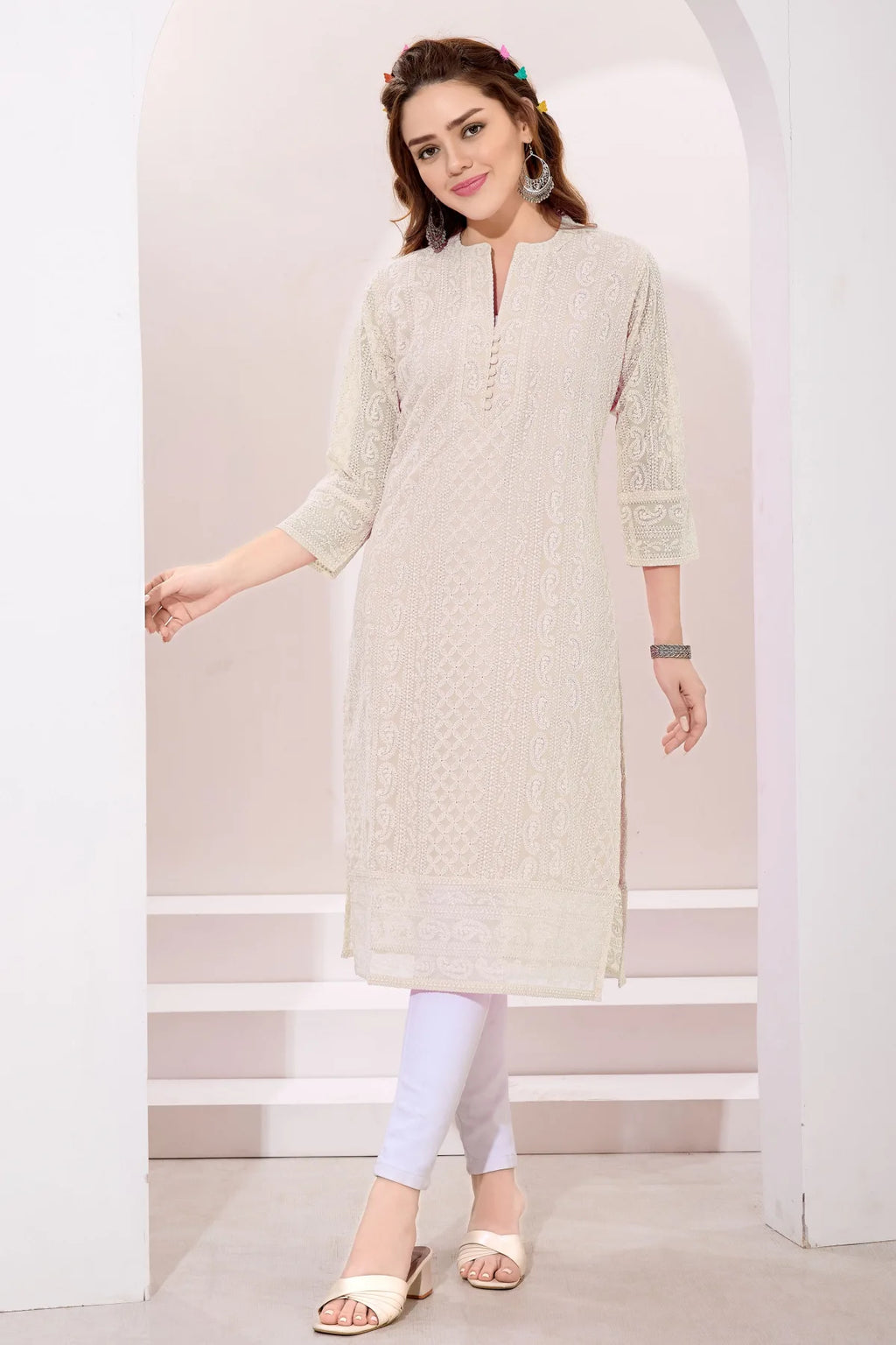 Cream Fine Georgette Kurta with Chicken Embroidery