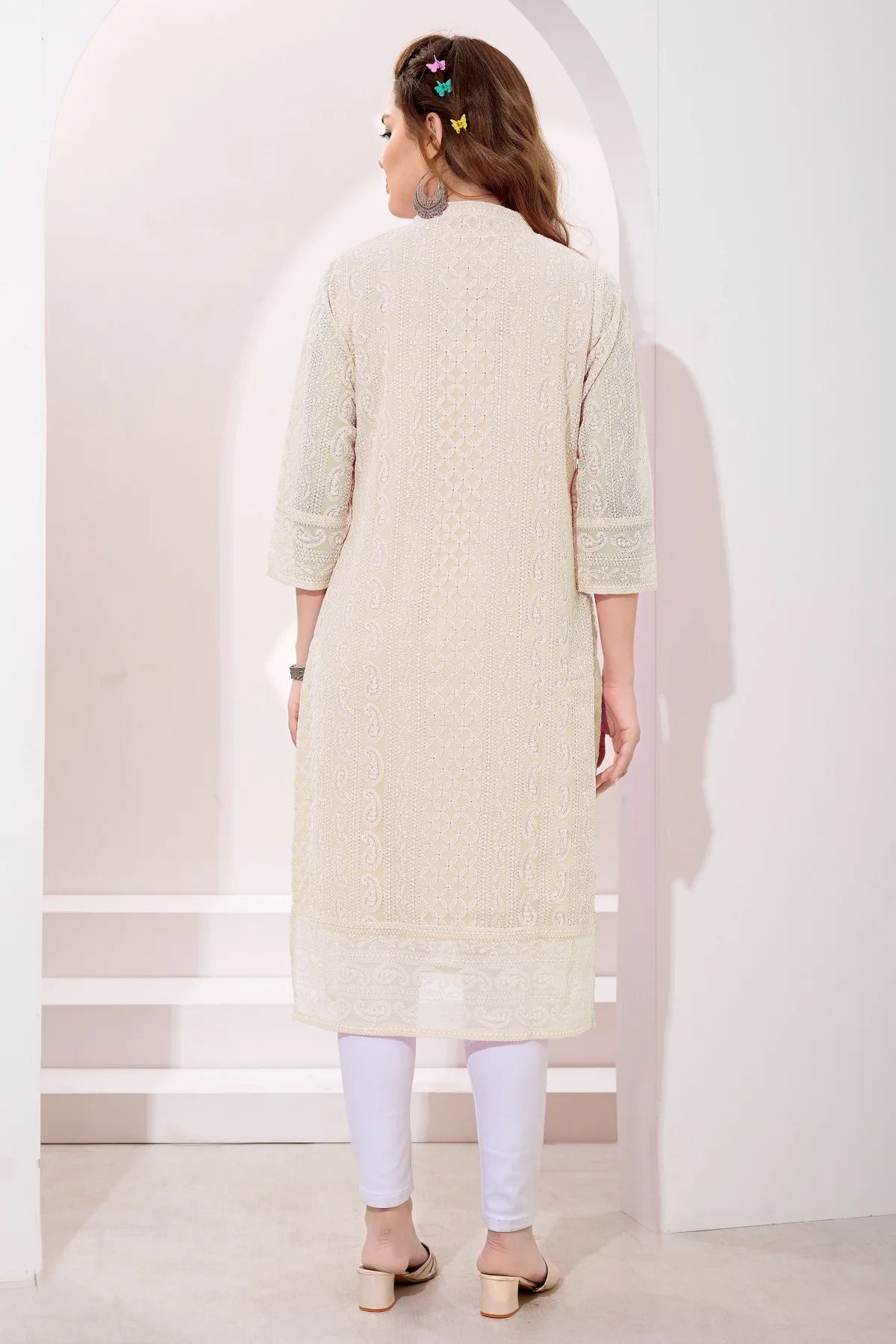 Cream Fine Georgette Kurta with Chicken Embroidery