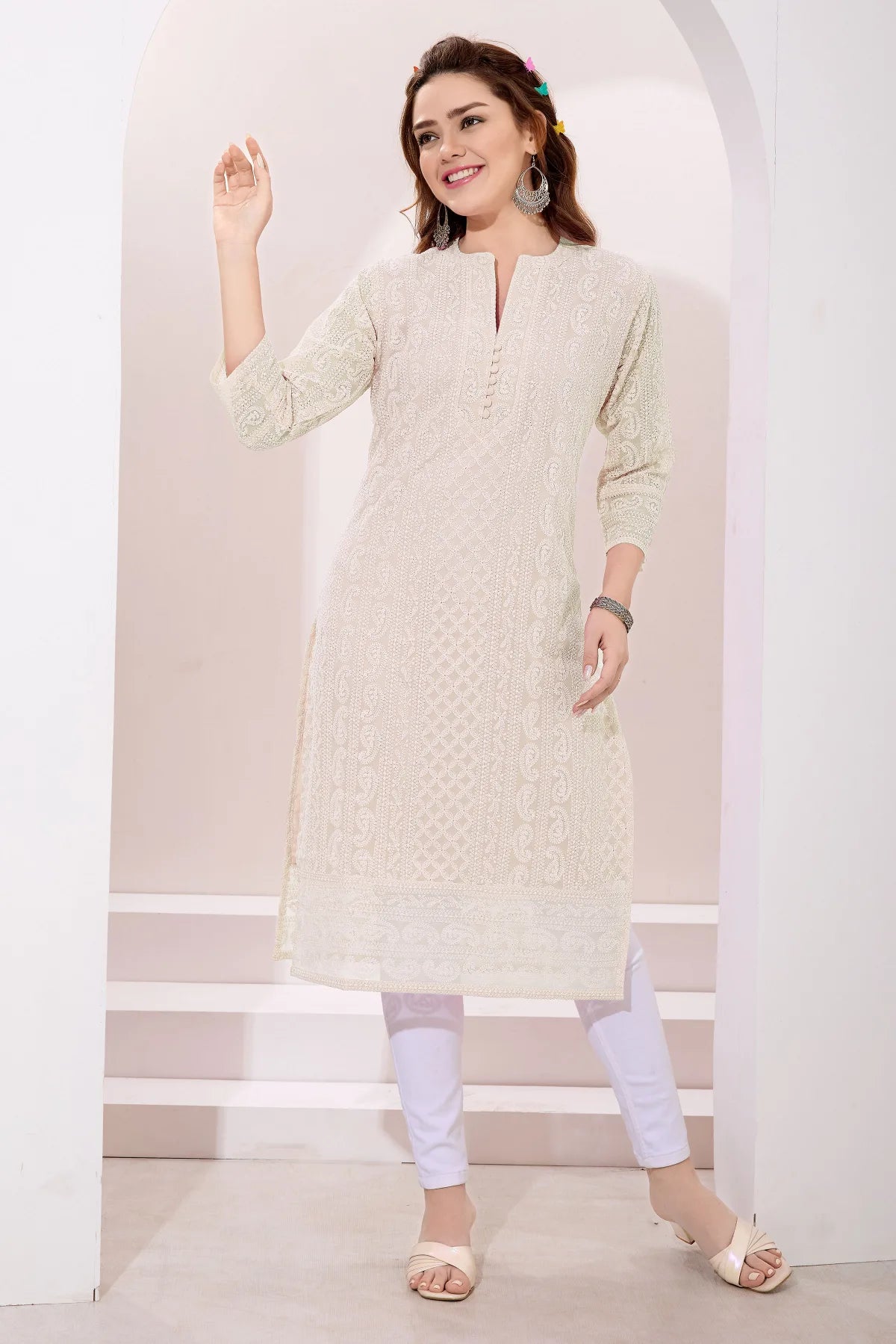 Cream Fine Georgette Kurta with Chicken Embroidery