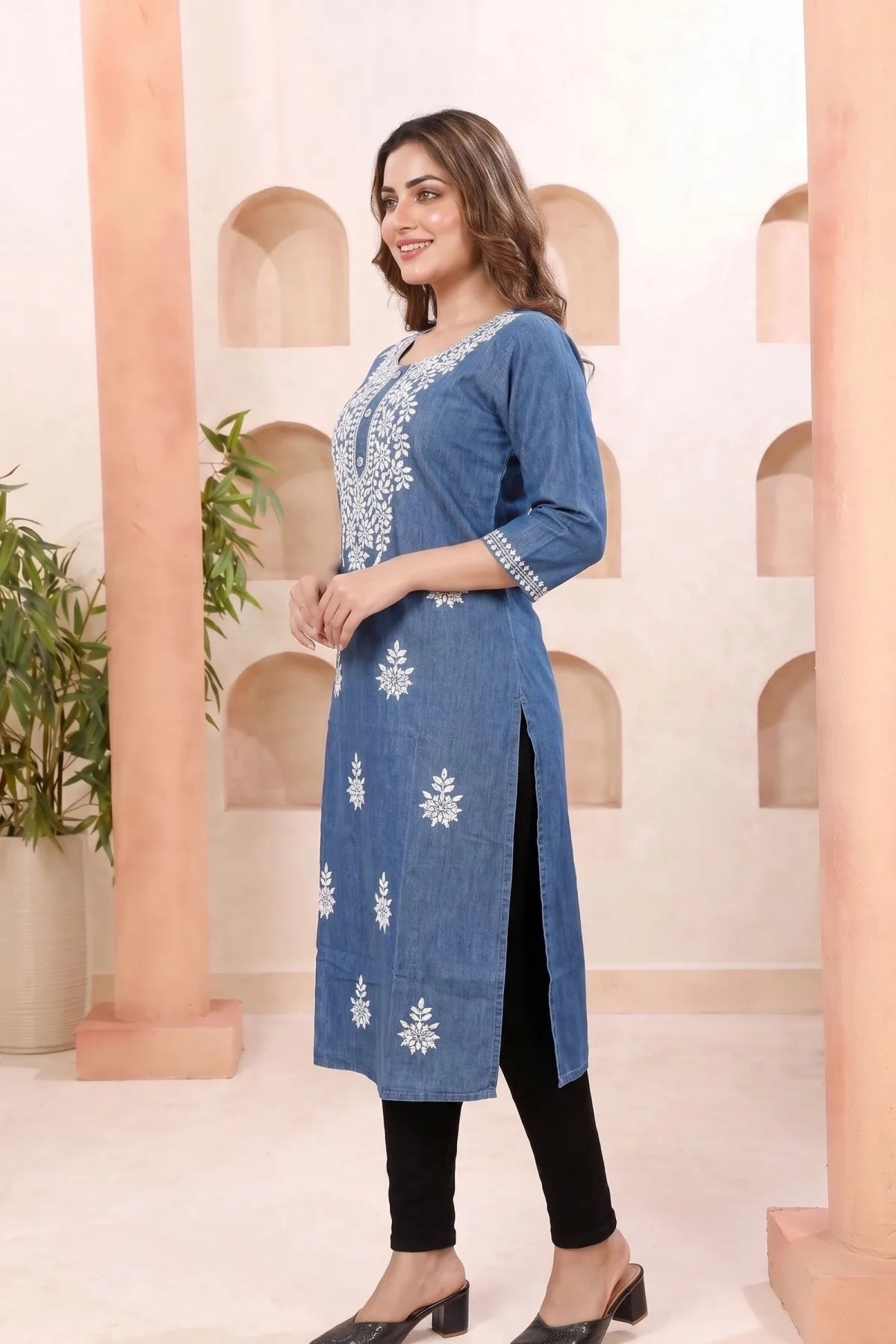 Indigo Denim Long Kurti with Chikankari Embroidery