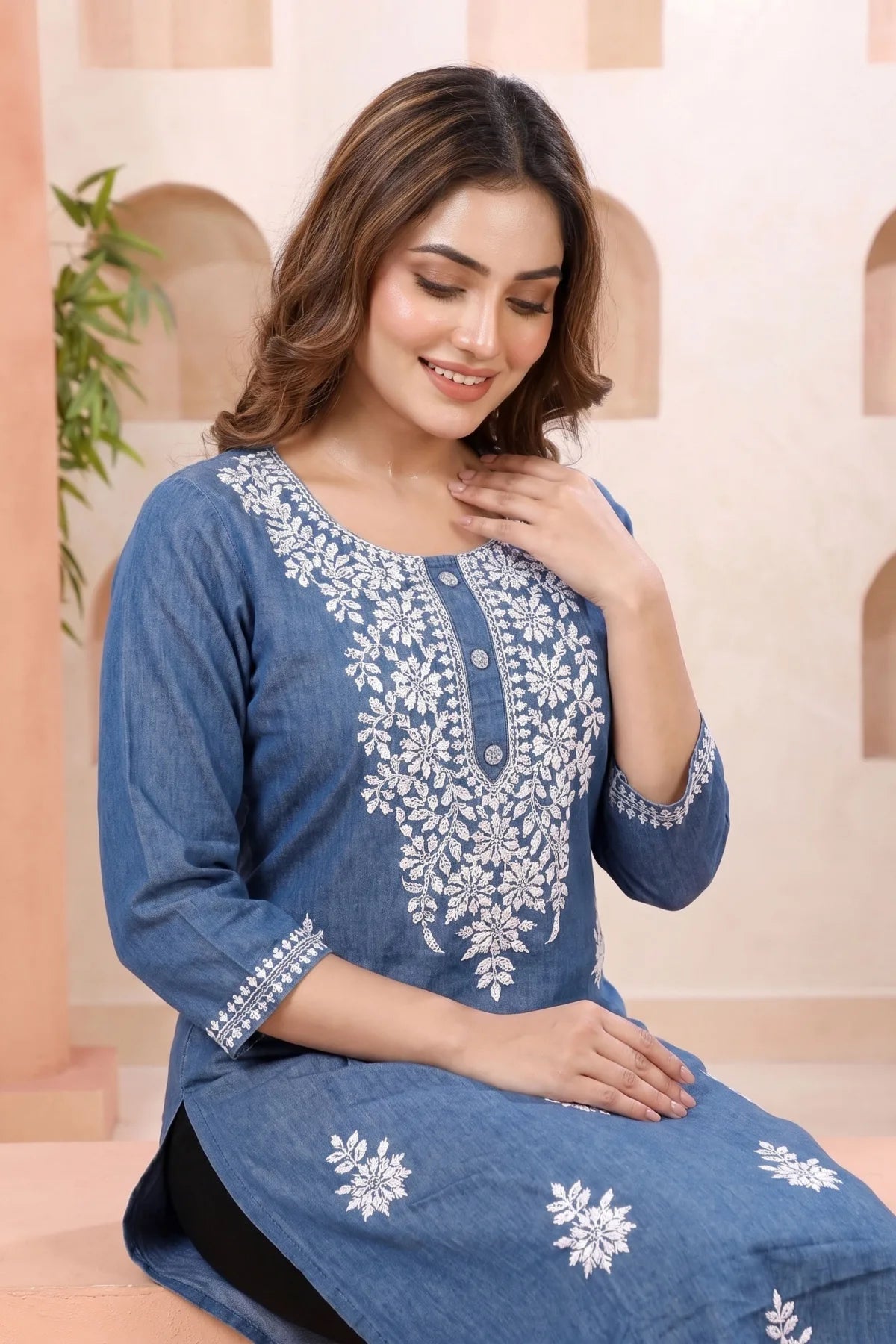 Indigo Denim Long Kurti with Chikankari Embroidery